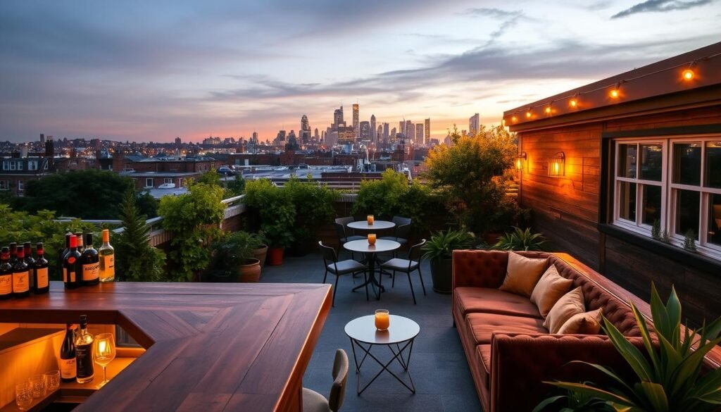 A cozy rooftop oasis in the heart of Bushwick, bathed in warm golden light. In the foreground, a rustic wood-paneled bar with bottles of natural wines and craft cocktails. Plush velvet couches and minimalist café tables fill the mid-ground, surrounded by lush greenery and potted plants. In the background, the city skyline glimmers under a dusky sunset, creating a sense of intimate escape. The overall atmosphere is one of relaxed elegance, perfect for an evening of small plates and sipping. A cozy rooftop oasis in the heart of Bushwick, bathed in warm golden light. In the foreground, a rustic wood-paneled bar with bottles of natural wines and craft cocktails. Plush velvet couches and minimalist café tables fill the mid-ground, surrounded by lush greenery and potted plants. In the background, the city skyline glimmers under a dusky sunset, creating a sense of intimate escape. The overall atmosphere is one of relaxed elegance, perfect for an evening of small plates and sipping.
