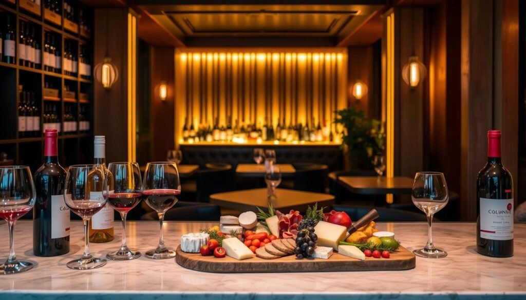 A cozy wine bar nestled in the Upper West Side, Columns Wine Bar exudes a warm, inviting atmosphere. In the foreground, an elegant display of wine bottles and glasses beckons guests, while a middle-ground showcases a grazing board laden with artisanal cheeses, cured meats, and seasonal produce. Soft, golden lighting casts a gentle glow, creating a convivial and intimate setting. In the background, sleek, minimalist columns and wooden accents add a touch of modern sophistication. The overall scene evokes a refined yet relaxed ambiance, perfect for a lively "Girl Dinner" gathering. A cozy wine bar nestled in the Upper West Side, Columns Wine Bar exudes a warm, inviting atmosphere. In the foreground, an elegant display of wine bottles and glasses beckons guests, while a middle-ground showcases a grazing board laden with artisanal cheeses, cured meats, and seasonal produce. Soft, golden lighting casts a gentle glow, creating a convivial and intimate setting. In the background, sleek, minimalist columns and wooden accents add a touch of modern sophistication. The overall scene evokes a refined yet relaxed ambiance, perfect for a lively "Girl Dinner" gathering.