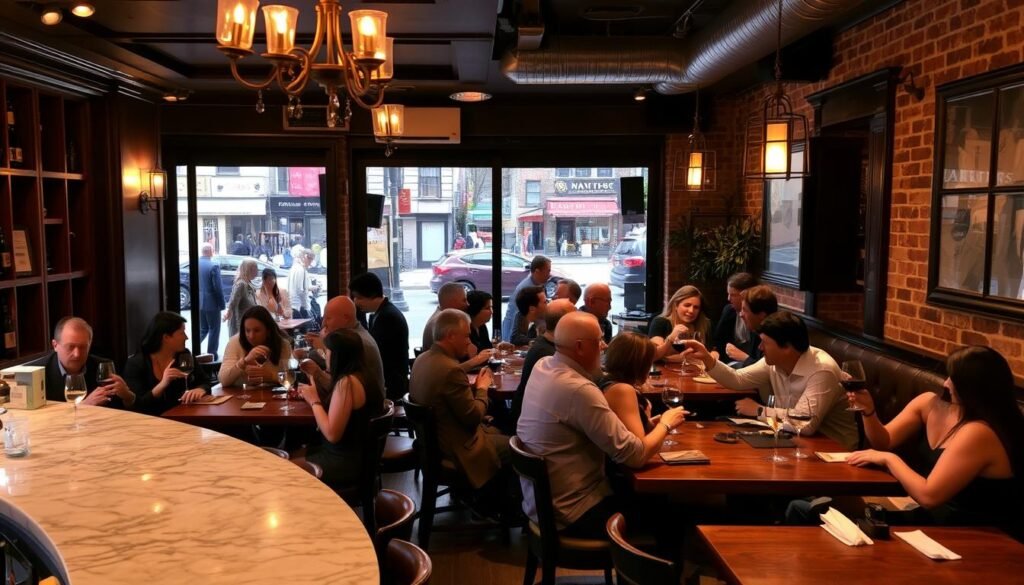 A cozy wine bar nestled in the heart of New York City, with warm lighting and inviting atmosphere. Wooden tables, comfortable seating, and an elegant marble bar create an intimate setting for small plates and grazing. Clusters of friends gathered around, sipping glasses of red and white, engaged in lively conversation. Soft jazz music plays in the background, setting the tone for a relaxed and sophisticated evening. The bar's front windows overlook a bustling city street, with people strolling by, adding to the vibrant urban energy. Elegant chandeliers cast a gentle glow, while exposed brick walls and vintage decor give the space a charming, timeless feel. A cozy wine bar nestled in the heart of New York City, with warm lighting and inviting atmosphere. Wooden tables, comfortable seating, and an elegant marble bar create an intimate setting for small plates and grazing. Clusters of friends gathered around, sipping glasses of red and white, engaged in lively conversation. Soft jazz music plays in the background, setting the tone for a relaxed and sophisticated evening. The bar's front windows overlook a bustling city street, with people strolling by, adding to the vibrant urban energy. Elegant chandeliers cast a gentle glow, while exposed brick walls and vintage decor give the space a charming, timeless feel.