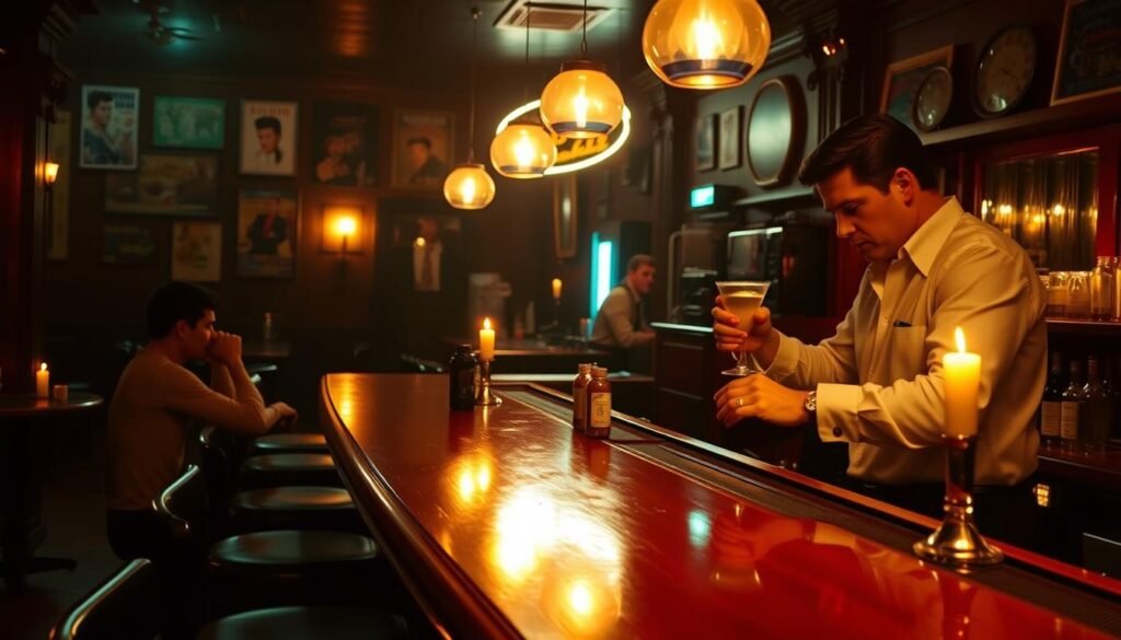 A dimly lit bar bathed in the warm glow of flickering candlelight, with a lone figure seated at the counter, sipping a drink. The bartender, dressed in a crisp white shirt, polishes a glass, casting a soft reflection on the polished wood surface. The walls are adorned with vintage posters and memorabilia, evoking a nostalgic, Elvis-era ambiance. The atmosphere is cozy and intimate, inviting the viewer to slow down and savor the moment, as if time has stood still in this timeless, comfortable hideaway. A dimly lit bar bathed in the warm glow of flickering candlelight, with a lone figure seated at the counter, sipping a drink. The bartender, dressed in a crisp white shirt, polishes a glass, casting a soft reflection on the polished wood surface. The walls are adorned with vintage posters and memorabilia, evoking a nostalgic, Elvis-era ambiance. The atmosphere is cozy and intimate, inviting the viewer to slow down and savor the moment, as if time has stood still in this timeless, comfortable hideaway.
