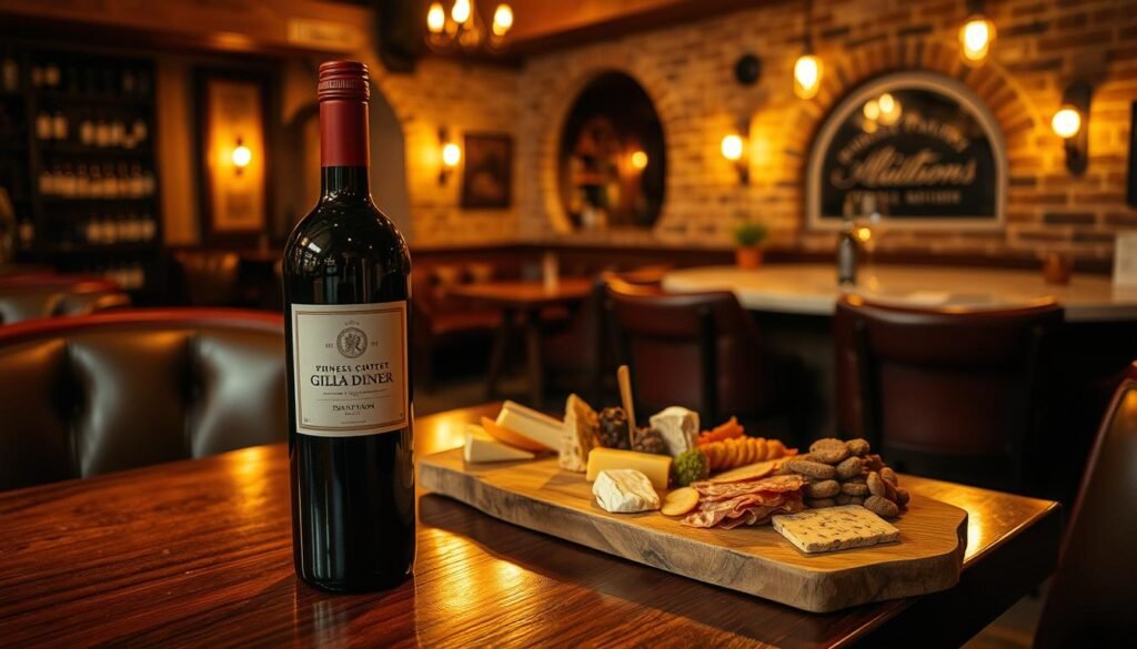 A dimly lit, cozy wine bar with a rustic, intimate ambiance. In the foreground, a bottle of red wine sits atop a polished wooden table, accompanied by a selection of artisanal cheeses and cured meats arranged on a wooden cheese board. Soft, warm lighting casts a golden glow, accentuating the textures and colors of the food. In the middle ground, plush leather chairs and a marble-topped bar invite guests to relax and savor the moment. The background features exposed brick walls, creating a sense of historic charm. The overall atmosphere conveys a sense of refined indulgence, perfect for a "Girl Dinner" gathering. A dimly lit, cozy wine bar with a rustic, intimate ambiance. In the foreground, a bottle of red wine sits atop a polished wooden table, accompanied by a selection of artisanal cheeses and cured meats arranged on a wooden cheese board. Soft, warm lighting casts a golden glow, accentuating the textures and colors of the food. In the middle ground, plush leather chairs and a marble-topped bar invite guests to relax and savor the moment. The background features exposed brick walls, creating a sense of historic charm. The overall atmosphere conveys a sense of refined indulgence, perfect for a "Girl Dinner" gathering.