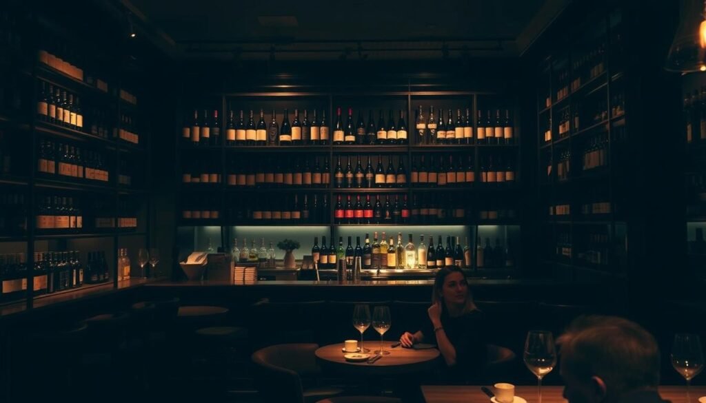 A dimly lit, moody interior of Parcelle, a wine bar-shop hybrid in Chinatown, New York. The focal point is a sleek, well-stocked bar with a backdrop of dark wood shelves displaying an array of wine bottles. Soft, warm lighting creates a cozy, intimate atmosphere, casting a gentle glow on the space. In the foreground, a few chic, stylish patrons are seated at small, intimate tables, sipping wine and engaging in conversation. The overall vibe is sophisticated, urban, and subtly sophisticated. A dimly lit, moody interior of Parcelle, a wine bar-shop hybrid in Chinatown, New York. The focal point is a sleek, well-stocked bar with a backdrop of dark wood shelves displaying an array of wine bottles. Soft, warm lighting creates a cozy, intimate atmosphere, casting a gentle glow on the space. In the foreground, a few chic, stylish patrons are seated at small, intimate tables, sipping wine and engaging in conversation. The overall vibe is sophisticated, urban, and subtly sophisticated.
