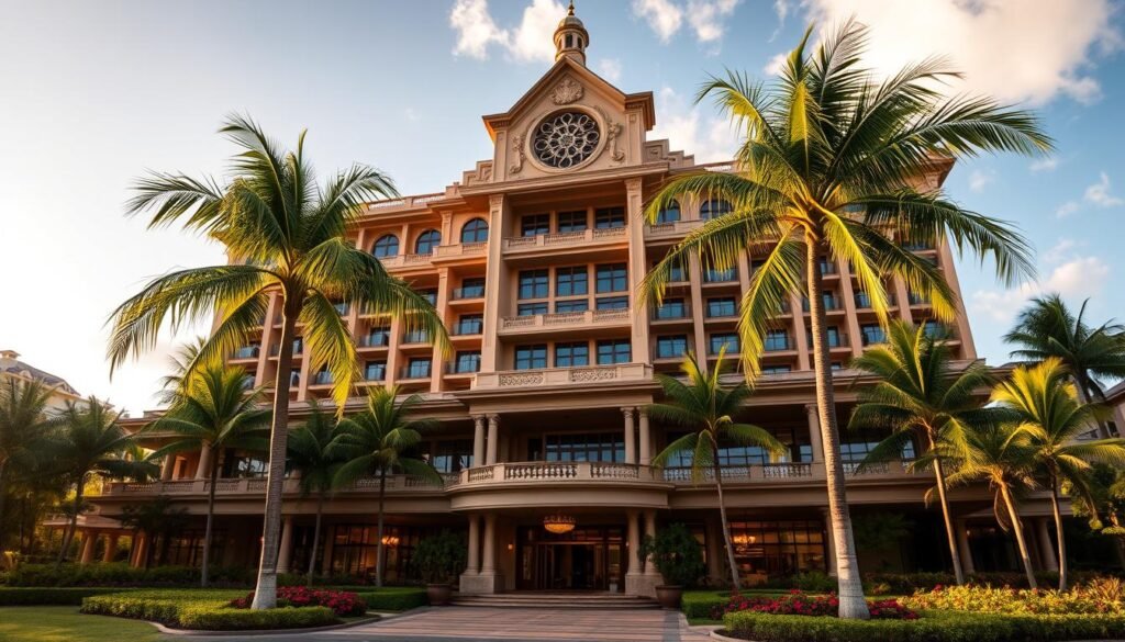 A grand, luxurious hotel nestled in a lush, tropical paradise on the island of Oahu. The façade is a stunning blend of Hawaiian architecture and modern elegance, adorned with intricate carvings and sprawling verandas. Lush palm trees sway gently in the warm breeze, framing the hotel's inviting entrance. Warm, golden light bathes the scene, creating a serene and inviting atmosphere. The interior is equally impressive, with plush furnishings, sparkling chandeliers, and floor-to-ceiling windows offering breathtaking ocean views. This is a place of unparalleled comfort and sophistication, catering to the discerning tastes of the world's most discerning travelers. A grand, luxurious hotel nestled in a lush, tropical paradise on the island of Oahu. The façade is a stunning blend of Hawaiian architecture and modern elegance, adorned with intricate carvings and sprawling verandas. Lush palm trees sway gently in the warm breeze, framing the hotel's inviting entrance. Warm, golden light bathes the scene, creating a serene and inviting atmosphere. The interior is equally impressive, with plush furnishings, sparkling chandeliers, and floor-to-ceiling windows offering breathtaking ocean views. This is a place of unparalleled comfort and sophistication, catering to the discerning tastes of the world's most discerning travelers.