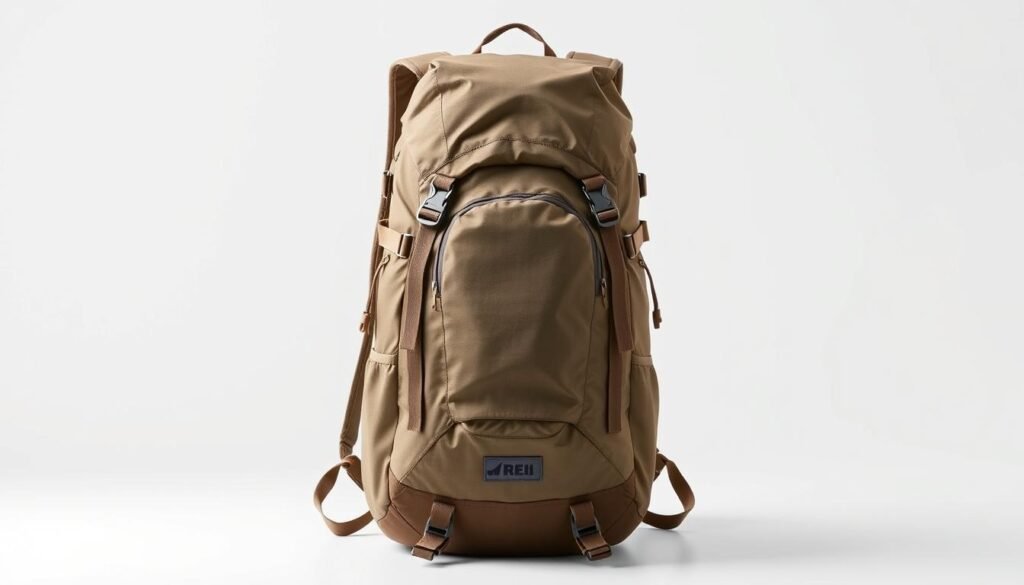 A high-quality, detailed image of the REI Ruckpack 40 pack in a bright, well-lit studio setting. The backpack is centered in the frame, showcasing its sleek, modern design and sturdy construction. The pack is made of recycled materials, with a muted, earthy color palette. The image highlights the pack's spacious main compartment, adjustable shoulder straps, and various organizational pockets. The backpack is positioned against a clean, white background, allowing its features to stand out. Subtle shadows and highlights create depth and dimension, giving the image a professional, polished look. The overall tone is one of practicality, versatility, and sustainability, reflecting the backpack's suitability as a budget-friendly travel companion. A high-quality, detailed image of the REI Ruckpack 40 pack in a bright, well-lit studio setting. The backpack is centered in the frame, showcasing its sleek, modern design and sturdy construction. The pack is made of recycled materials, with a muted, earthy color palette. The image highlights the pack's spacious main compartment, adjustable shoulder straps, and various organizational pockets. The backpack is positioned against a clean, white background, allowing its features to stand out. Subtle shadows and highlights create depth and dimension, giving the image a professional, polished look. The overall tone is one of practicality, versatility, and sustainability, reflecting the backpack's suitability as a budget-friendly travel companion.