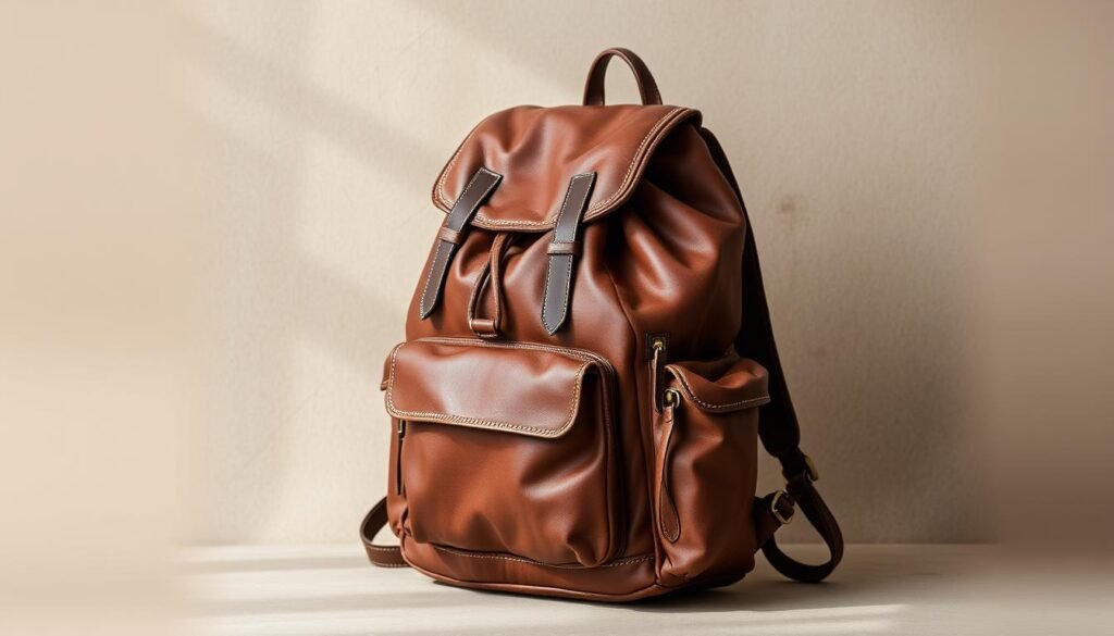 A high-quality leather backpack with a rugged, adventurous aesthetic. Crafted from supple, full-grain leather in a rich, warm brown hue. Prominent brass hardware and contrast stitching accentuate the premium construction. The backpack features a spacious main compartment, multiple pockets, and adjustable padded shoulder straps for comfortable carrying. Positioned against a neutral, earthy backdrop that highlights the natural beauty of the leather. Soft, diffused lighting casts gentle shadows, emphasizing the texture and depth of the material. The overall scene conveys a sense of timeless, outdoor-inspired style suitable for the modern, adventurous woman. A high-quality leather backpack with a rugged, adventurous aesthetic. Crafted from supple, full-grain leather in a rich, warm brown hue. Prominent brass hardware and contrast stitching accentuate the premium construction. The backpack features a spacious main compartment, multiple pockets, and adjustable padded shoulder straps for comfortable carrying. Positioned against a neutral, earthy backdrop that highlights the natural beauty of the leather. Soft, diffused lighting casts gentle shadows, emphasizing the texture and depth of the material. The overall scene conveys a sense of timeless, outdoor-inspired style suitable for the modern, adventurous woman.