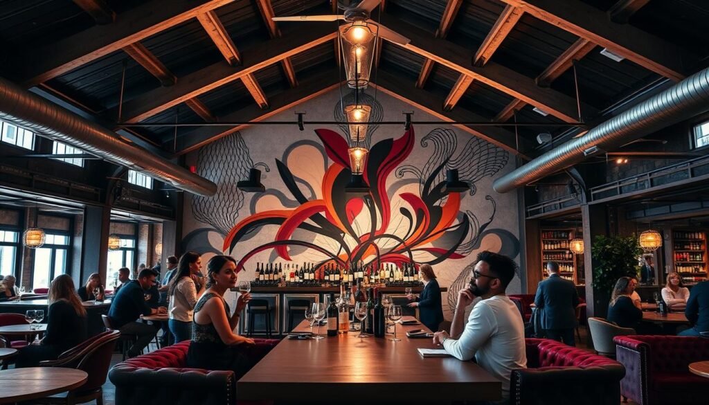 A lush, immersive wine tasting experience set in a captivating, modern-industrial space. Soaring ceilings with exposed beams, soft lighting illuminating rich wooden surfaces and plush velvet furnishings. A central bar showcases an impressive selection of artisanal wines, with knowledgeable sommeliers guiding guests through tastings. In the background, a visually striking, abstract mural adorns the walls, adding depth and character to the scene. Guests sip and savor, transported to a world of refined indulgence, where the boundaries between ambiance and experience blur seamlessly. A lush, immersive wine tasting experience set in a captivating, modern-industrial space. Soaring ceilings with exposed beams, soft lighting illuminating rich wooden surfaces and plush velvet furnishings. A central bar showcases an impressive selection of artisanal wines, with knowledgeable sommeliers guiding guests through tastings. In the background, a visually striking, abstract mural adorns the walls, adding depth and character to the scene. Guests sip and savor, transported to a world of refined indulgence, where the boundaries between ambiance and experience blur seamlessly.