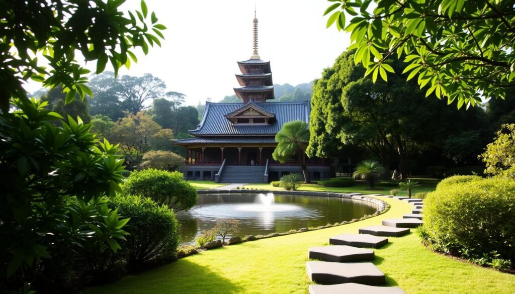 A lush, meticulously landscaped garden surrounds the Byodo-In Temple, a serene sanctuary nestled in the tranquil Windward valley of Oahu. Verdant foliage frames the iconic temple architecture, its ornate details basking in the soft, diffused light. A shimmering koi pond reflects the towering pagoda, its gentle ripples creating a meditative ambiance. Stepping stones guide visitors through the immaculately maintained gardens, inviting them to slow down and experience the calming essence of this sacred space. The scene evokes a timeless, zen-like atmosphere, transporting one to a realm of profound stillness and harmony. A lush, meticulously landscaped garden surrounds the Byodo-In Temple, a serene sanctuary nestled in the tranquil Windward valley of Oahu. Verdant foliage frames the iconic temple architecture, its ornate details basking in the soft, diffused light. A shimmering koi pond reflects the towering pagoda, its gentle ripples creating a meditative ambiance. Stepping stones guide visitors through the immaculately maintained gardens, inviting them to slow down and experience the calming essence of this sacred space. The scene evokes a timeless, zen-like atmosphere, transporting one to a realm of profound stillness and harmony.