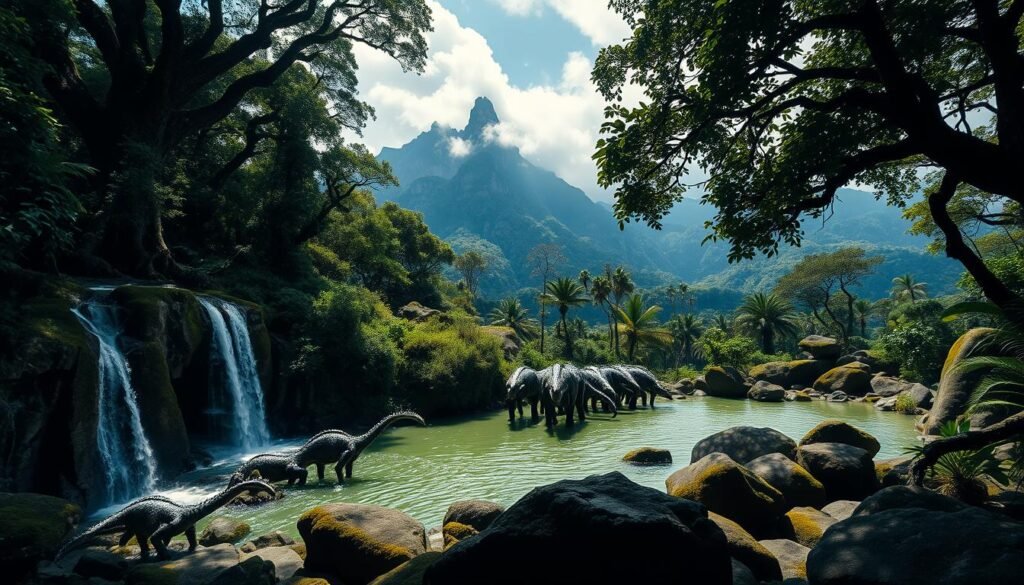 A lush, verdant landscape dominated by towering, prehistoric-looking trees casting dramatic shadows across the scene. In the foreground, a cascading waterfall plunges into a tranquil, emerald-hued pool, surrounded by ancient, moss-covered boulders. The middle ground features a herd of strange, dinosaur-like creatures drinking from the pool, their reptilian features and armored skin evoking a lost world. The background is a panoramic vista of rugged, jungle-clad mountains, their peaks obscured by wispy clouds. The lighting is soft and diffused, creating a sense of timelessness and wonder. Capture this primeval, Jurassic Park-esque atmosphere in a wide, cinematic composition that immerses the viewer in the majesty of Nuca Molas. A lush, verdant landscape dominated by towering, prehistoric-looking trees casting dramatic shadows across the scene. In the foreground, a cascading waterfall plunges into a tranquil, emerald-hued pool, surrounded by ancient, moss-covered boulders. The middle ground features a herd of strange, dinosaur-like creatures drinking from the pool, their reptilian features and armored skin evoking a lost world. The background is a panoramic vista of rugged, jungle-clad mountains, their peaks obscured by wispy clouds. The lighting is soft and diffused, creating a sense of timelessness and wonder. Capture this primeval, Jurassic Park-esque atmosphere in a wide, cinematic composition that immerses the viewer in the majesty of Nuca Molas.