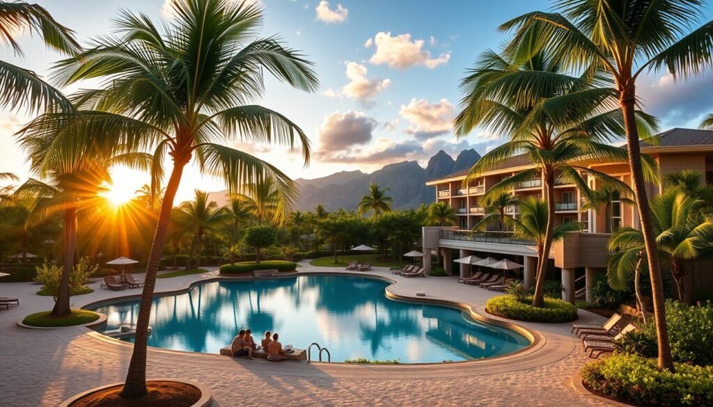 A luxurious, beachfront 5-star resort nestled along the pristine white sands of Oahu's North Shore. Swaying palm trees frame a tranquil lagoon pool, where guests sip tropical cocktails as the sun dips below the horizon, casting a warm, golden glow across the scene. The main building, a modern interpretation of traditional Hawaiian architecture, rises majestically, its sleek lines and natural materials blending seamlessly with the lush, verdant surroundings. In the distance, the majestic Koolau mountain range provides a dramatic backdrop, its jagged peaks silhouetted against a vibrant, azure sky. This is the epitome of Oahu's finest 5-star luxury resorts, where discerning travelers come to experience the ultimate in tropical splendor and refined island living. A luxurious, beachfront 5-star resort nestled along the pristine white sands of Oahu's North Shore. Swaying palm trees frame a tranquil lagoon pool, where guests sip tropical cocktails as the sun dips below the horizon, casting a warm, golden glow across the scene. The main building, a modern interpretation of traditional Hawaiian architecture, rises majestically, its sleek lines and natural materials blending seamlessly with the lush, verdant surroundings. In the distance, the majestic Koolau mountain range provides a dramatic backdrop, its jagged peaks silhouetted against a vibrant, azure sky. This is the epitome of Oahu's finest 5-star luxury resorts, where discerning travelers come to experience the ultimate in tropical splendor and refined island living.