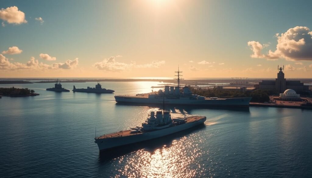 A majestic aerial view of the Pearl Harbor historic site, the sun's golden rays illuminating the serene waters. In the foreground, the iconic USS Arizona memorial stands as a solemn tribute, its striking silhouette reflected in the glistening surface. In the middle ground, the mighty Battleship Missouri looms, its weathered decks and towering superstructure a testament to its storied past. In the background, the Bowfin submarine and the towering hangars of the Pacific Aviation Museum come into focus, surrounded by lush tropical foliage. The scene conveys a sense of reverence and awe, inviting the viewer to immerse themselves in the rich history and significance of this hallowed ground. A majestic aerial view of the Pearl Harbor historic site, the sun's golden rays illuminating the serene waters. In the foreground, the iconic USS Arizona memorial stands as a solemn tribute, its striking silhouette reflected in the glistening surface. In the middle ground, the mighty Battleship Missouri looms, its weathered decks and towering superstructure a testament to its storied past. In the background, the Bowfin submarine and the towering hangars of the Pacific Aviation Museum come into focus, surrounded by lush tropical foliage. The scene conveys a sense of reverence and awe, inviting the viewer to immerse themselves in the rich history and significance of this hallowed ground.