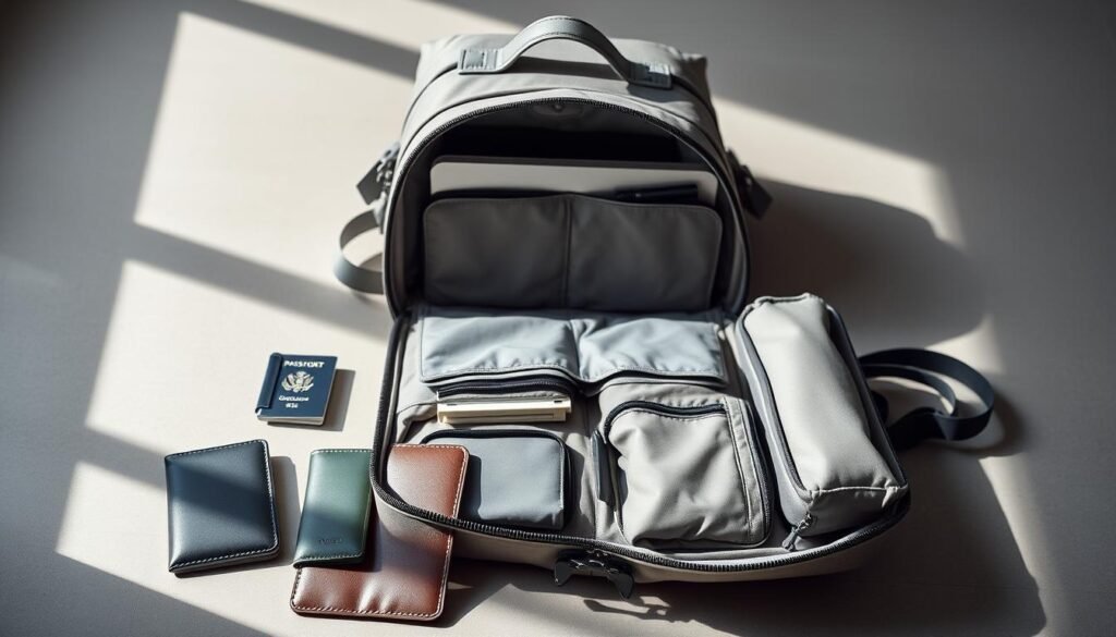 A meticulously organized travel pack lies open, its contents neatly arranged. In the foreground, a selection of compact, versatile items - a passport holder, a slim wallet, and a set of packing cubes in various sizes. The middle ground showcases the pack's interior, with dedicated compartments for laptops, documents, and personal items, all accessible through a clamshell design. In the background, a minimalist, high-quality backpack in a neutral color scheme, its sleek silhouette and clean lines exuding a sense of sophistication. Soft, directional lighting illuminates the scene, casting subtle shadows that accentuate the pack's well-considered structure and attention to detail. The overall mood is one of efficiency, practicality, and a refined aesthetic, perfectly suited for the modern, discerning female traveler. A meticulously organized travel pack lies open, its contents neatly arranged. In the foreground, a selection of compact, versatile items - a passport holder, a slim wallet, and a set of packing cubes in various sizes. The middle ground showcases the pack's interior, with dedicated compartments for laptops, documents, and personal items, all accessible through a clamshell design. In the background, a minimalist, high-quality backpack in a neutral color scheme, its sleek silhouette and clean lines exuding a sense of sophistication. Soft, directional lighting illuminates the scene, casting subtle shadows that accentuate the pack's well-considered structure and attention to detail. The overall mood is one of efficiency, practicality, and a refined aesthetic, perfectly suited for the modern, discerning female traveler.