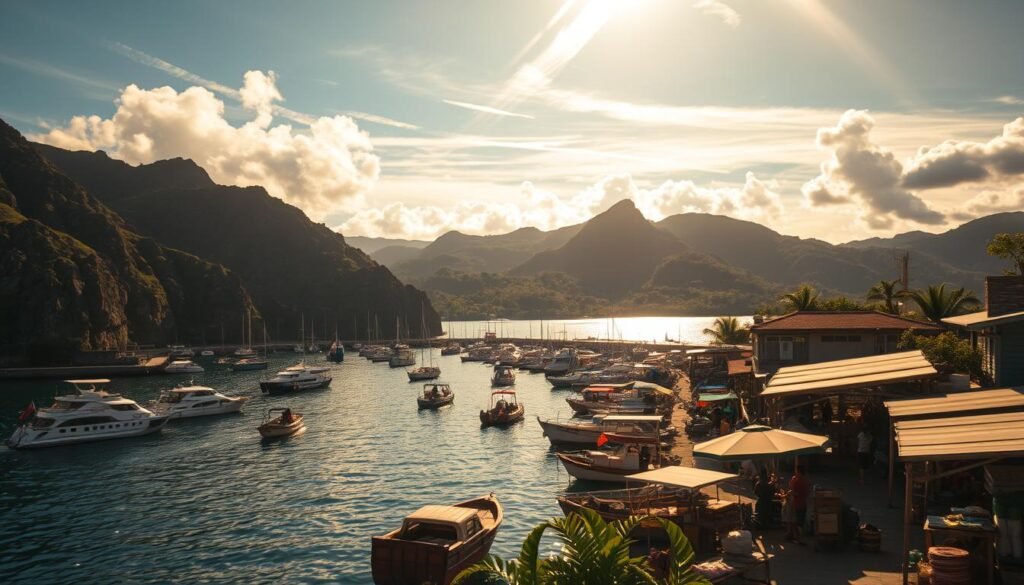 A picturesque harbor nestled between rugged cliffs, the boats of Labuan Bajo gently rocking on the calm waters. Vibrant market stalls dot the shoreline, selling local seafood and handcrafted wares. In the distance, a lush, rolling landscape of verdant hills and forests, hinting at the hidden paradise that awaits beyond. Warm, golden sunlight filters through wispy clouds, casting a serene glow over the scene. A wide-angle lens captures the bustling energy of the harbor, while a shallow depth of field isolates the foreground details. The overall mood is one of tranquility and anticipation, inviting the viewer to embark on an enchanting journey to Nuca Molas. A picturesque harbor nestled between rugged cliffs, the boats of Labuan Bajo gently rocking on the calm waters. Vibrant market stalls dot the shoreline, selling local seafood and handcrafted wares. In the distance, a lush, rolling landscape of verdant hills and forests, hinting at the hidden paradise that awaits beyond. Warm, golden sunlight filters through wispy clouds, casting a serene glow over the scene. A wide-angle lens captures the bustling energy of the harbor, while a shallow depth of field isolates the foreground details. The overall mood is one of tranquility and anticipation, inviting the viewer to embark on an enchanting journey to Nuca Molas.