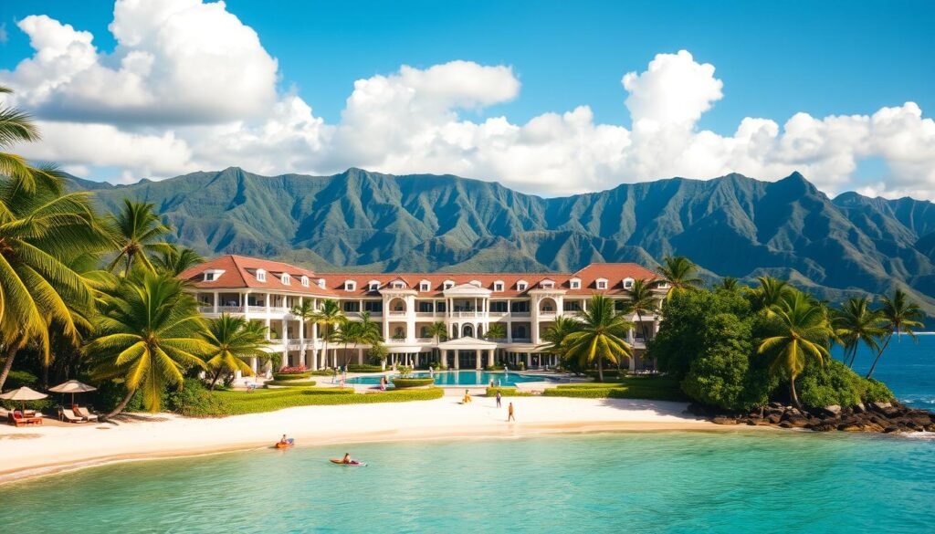 A serene and luxurious beachfront resort nestled amidst the lush tropical foliage of Oahu's west coast. In the foreground, a pristine white-sand beach bordered by swaying palm trees and crystal-clear turquoise waters. Beyond, a grand four-story hotel with elegant colonial architecture, its balconies and terraces offering sweeping views of the Pacific Ocean. The middle ground features manicured gardens, sparkling pools, and guests enjoying outdoor activities like stand-up paddleboarding and kayaking. In the background, rugged mountains rise up, their verdant slopes contrasted by the bright blue sky and fluffy white clouds above. Warm, diffused natural lighting bathes the entire scene, creating a sense of serene tranquility and relaxation. A serene and luxurious beachfront resort nestled amidst the lush tropical foliage of Oahu's west coast. In the foreground, a pristine white-sand beach bordered by swaying palm trees and crystal-clear turquoise waters. Beyond, a grand four-story hotel with elegant colonial architecture, its balconies and terraces offering sweeping views of the Pacific Ocean. The middle ground features manicured gardens, sparkling pools, and guests enjoying outdoor activities like stand-up paddleboarding and kayaking. In the background, rugged mountains rise up, their verdant slopes contrasted by the bright blue sky and fluffy white clouds above. Warm, diffused natural lighting bathes the entire scene, creating a sense of serene tranquility and relaxation.