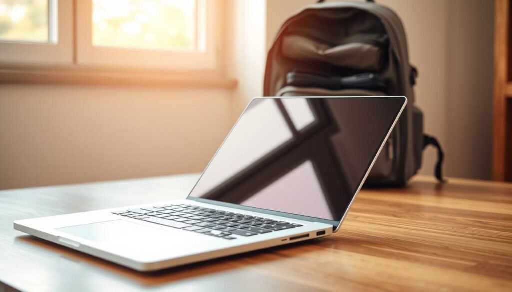 A sleek and modern laptop rests on a wooden surface, its minimalist design and smooth lines reflecting the warm, natural lighting of the room. The laptop's screen is slightly angled, suggesting its readiness for productive work. In the background, a well-organized travel backpack stands open, its interior neatly arranged and accessible, hinting at the laptop's seamless integration into the user's mobile lifestyle. The overall scene evokes a sense of efficiency, organization, and a commitment to balancing work and travel. A sleek and modern laptop rests on a wooden surface, its minimalist design and smooth lines reflecting the warm, natural lighting of the room. The laptop's screen is slightly angled, suggesting its readiness for productive work. In the background, a well-organized travel backpack stands open, its interior neatly arranged and accessible, hinting at the laptop's seamless integration into the user's mobile lifestyle. The overall scene evokes a sense of efficiency, organization, and a commitment to balancing work and travel.