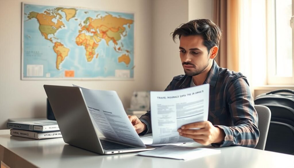 A solo traveler sits at a desk, carefully reviewing travel insurance documents on a laptop. Soft, diffused natural light filters through a window, casting a warm glow on the scene. The traveler's expression is one of thoughtful consideration, weighing the options and coverage details. Behind them, a world map on the wall hints at the adventures to come, while a suitcase and backpack in the corner suggest impending departure. The composition emphasizes the importance of thorough planning and preparation before embarking on a solo journey, with the travel insurance playing a central role in ensuring peace of mind. A solo traveler sits at a desk, carefully reviewing travel insurance documents on a laptop. Soft, diffused natural light filters through a window, casting a warm glow on the scene. The traveler's expression is one of thoughtful consideration, weighing the options and coverage details. Behind them, a world map on the wall hints at the adventures to come, while a suitcase and backpack in the corner suggest impending departure. The composition emphasizes the importance of thorough planning and preparation before embarking on a solo journey, with the travel insurance playing a central role in ensuring peace of mind.