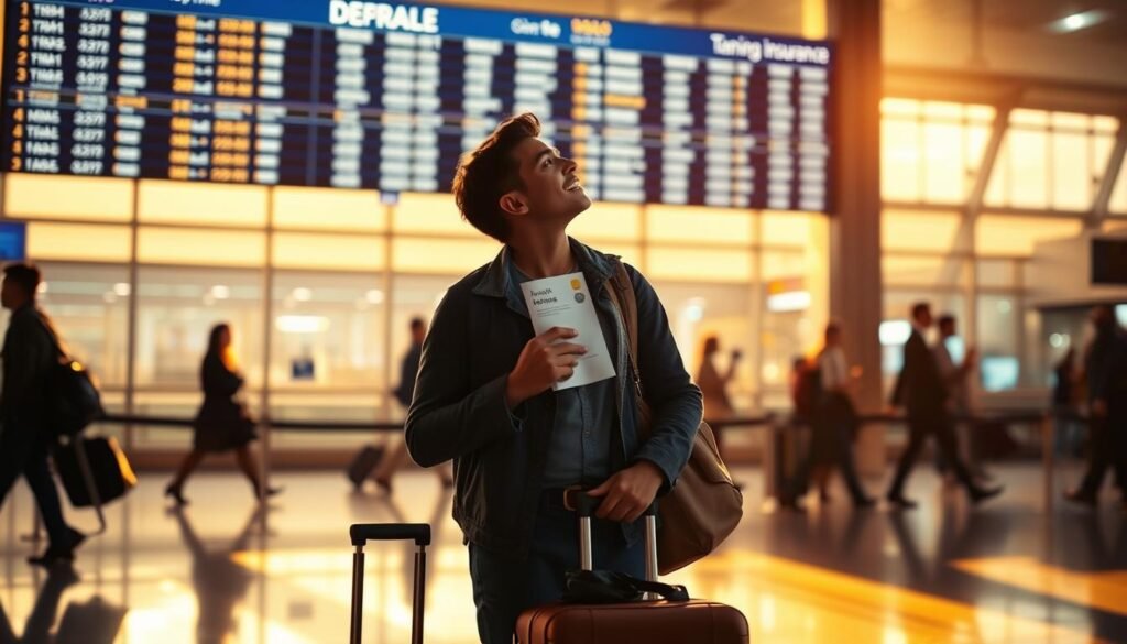 A solo traveler standing in an airport terminal, suitcase in hand, gazing at a large departure board displaying flight information. Warm, soft lighting illuminates the scene, casting a golden glow. The traveler's expression conveys a mix of anticipation and reassurance, as they hold a small travel insurance document close to their chest. In the background, blurred silhouettes of other passengers move through the bustling terminal, underscoring the importance of being prepared for the journey ahead. The overall atmosphere evokes a sense of security and readiness, reflecting the crucial role of travel insurance in the life of a solo adventurer. A solo traveler standing in an airport terminal, suitcase in hand, gazing at a large departure board displaying flight information. Warm, soft lighting illuminates the scene, casting a golden glow. The traveler's expression conveys a mix of anticipation and reassurance, as they hold a small travel insurance document close to their chest. In the background, blurred silhouettes of other passengers move through the bustling terminal, underscoring the importance of being prepared for the journey ahead. The overall atmosphere evokes a sense of security and readiness, reflecting the crucial role of travel insurance in the life of a solo adventurer.