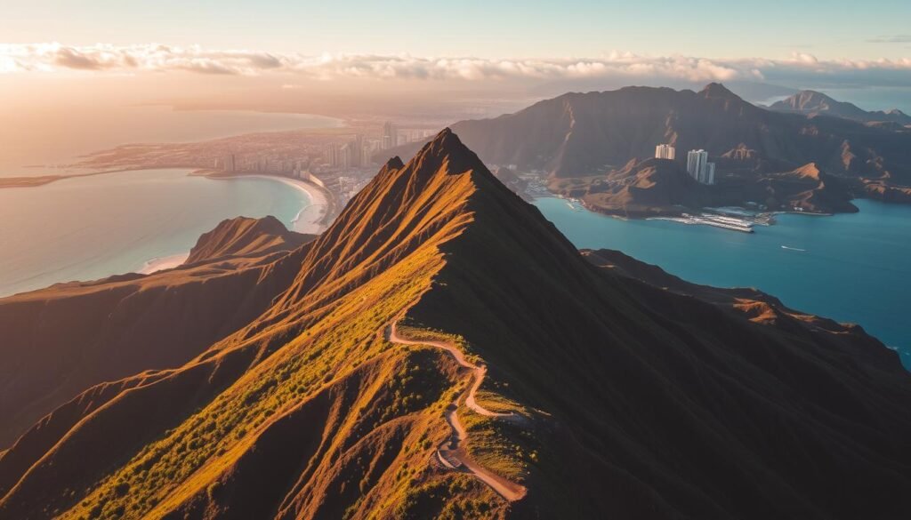 A stunning aerial view of Diamond Head crater in Honolulu, Hawaii, captured at sunrise. The iconic silhouette of the volcanic peak stands tall, its slopes bathed in warm golden light that casts dramatic shadows across the rugged terrain. In the foreground, the lush, verdant hiking trails wind their way up the slopes, leading the viewer on an intrepid journey towards the summit. The middle ground reveals the breathtaking panorama of Waikiki Beach and the glistening turquoise waters of the Pacific Ocean, framed by the distinctive volcanic ridges. The background showcases the majestic Koolau mountain range, its peaks shrouded in a soft, ethereal mist. The scene exudes a sense of tranquility and adventure, inviting the viewer to embark on an unforgettable hike to the top of this iconic Honolulu landmark. A stunning aerial view of Diamond Head crater in Honolulu, Hawaii, captured at sunrise. The iconic silhouette of the volcanic peak stands tall, its slopes bathed in warm golden light that casts dramatic shadows across the rugged terrain. In the foreground, the lush, verdant hiking trails wind their way up the slopes, leading the viewer on an intrepid journey towards the summit. The middle ground reveals the breathtaking panorama of Waikiki Beach and the glistening turquoise waters of the Pacific Ocean, framed by the distinctive volcanic ridges. The background showcases the majestic Koolau mountain range, its peaks shrouded in a soft, ethereal mist. The scene exudes a sense of tranquility and adventure, inviting the viewer to embark on an unforgettable hike to the top of this iconic Honolulu landmark.