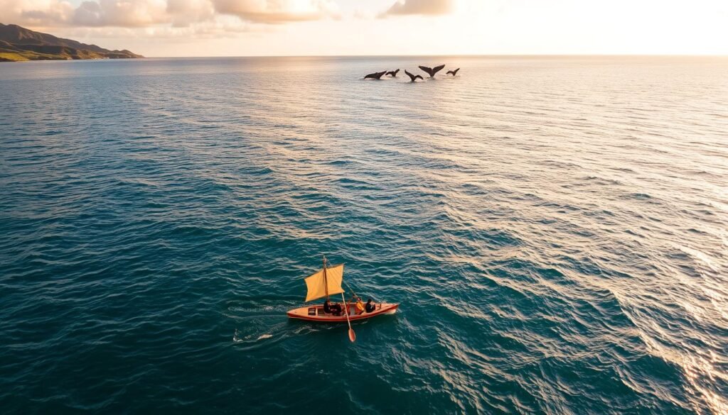 A stunning aerial view of the vast Pacific Ocean, with a group of majestic humpback whales breaching the surface in the distance. The mid-morning light casts a warm, golden glow over the calm, turquoise waters, and a small, traditional Hawaiian outrigger canoe glides gracefully in the foreground, its occupants eagerly awaiting the arrival of these magnificent marine creatures. The lush, verdant coastline of Oahu's North Shore serves as a picturesque backdrop, hinting at the natural beauty and tranquility of this island paradise. A stunning aerial view of the vast Pacific Ocean, with a group of majestic humpback whales breaching the surface in the distance. The mid-morning light casts a warm, golden glow over the calm, turquoise waters, and a small, traditional Hawaiian outrigger canoe glides gracefully in the foreground, its occupants eagerly awaiting the arrival of these magnificent marine creatures. The lush, verdant coastline of Oahu's North Shore serves as a picturesque backdrop, hinting at the natural beauty and tranquility of this island paradise.