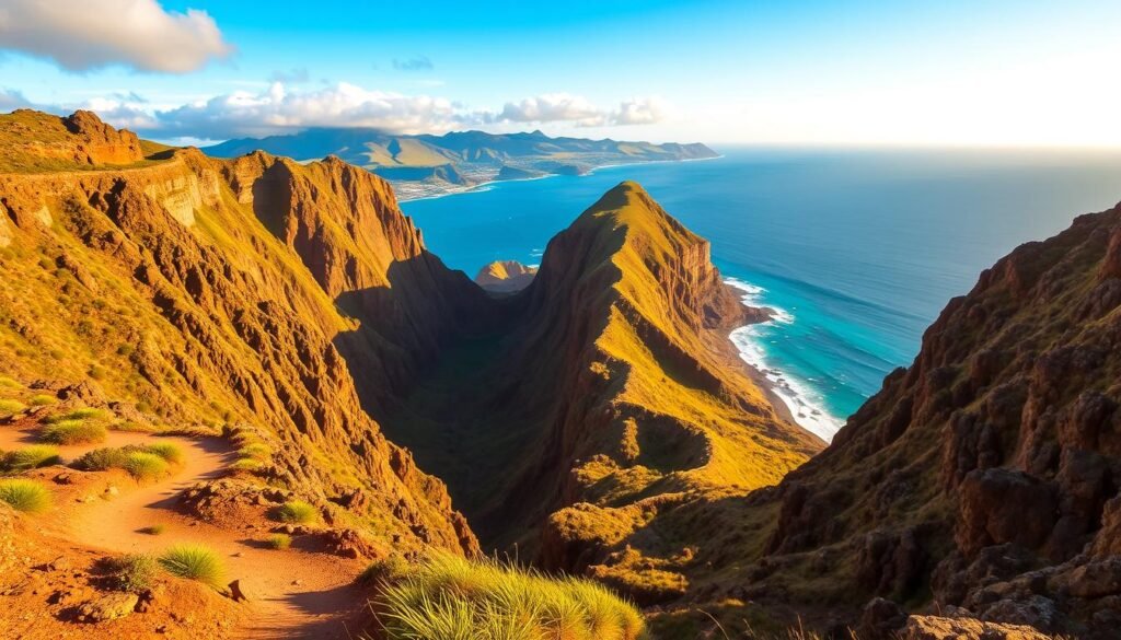A stunning coastal landscape with the Makapu'u Lighthouse trail winding through the foreground, offering breathtaking views of the Pacific Ocean. Towering sea cliffs rise dramatically in the middle ground, their rugged textures bathed in warm, golden afternoon light. In the distance, the crystal blue waters of the Hawaiian coastline stretch out to the horizon, accented by lush, verdant hills and the iconic silhouette of Makapu'u Point. The scene exudes a sense of tranquility and natural beauty, perfectly capturing the essence of this iconic Oahu hiking destination. A stunning coastal landscape with the Makapu'u Lighthouse trail winding through the foreground, offering breathtaking views of the Pacific Ocean. Towering sea cliffs rise dramatically in the middle ground, their rugged textures bathed in warm, golden afternoon light. In the distance, the crystal blue waters of the Hawaiian coastline stretch out to the horizon, accented by lush, verdant hills and the iconic silhouette of Makapu'u Point. The scene exudes a sense of tranquility and natural beauty, perfectly capturing the essence of this iconic Oahu hiking destination.
