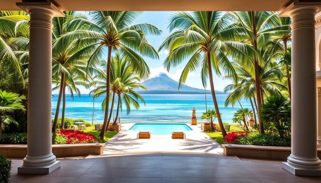 A stunning five-star oceanfront resort nestled in lush tropical gardens, the Kahala Hotel & Resort exudes a serene and elegant ambiance. In the foreground, the grand, white-columned porte-cochère leads into the luxurious lobby, while the middle ground showcases the resort's sparkling turquoise pool surrounded by swaying palms. In the background, the azure waters of Kahala Bay glisten under the warm Hawaiian sun, with Diamond Head volcano providing a majestic backdrop. The scene is bathed in soft, golden light, conveying a sense of effortless sophistication and celebrity-worthy seclusion just minutes from the bustling Waikiki district. A stunning five-star oceanfront resort nestled in lush tropical gardens, the Kahala Hotel & Resort exudes a serene and elegant ambiance. In the foreground, the grand, white-columned porte-cochère leads into the luxurious lobby, while the middle ground showcases the resort's sparkling turquoise pool surrounded by swaying palms. In the background, the azure waters of Kahala Bay glisten under the warm Hawaiian sun, with Diamond Head volcano providing a majestic backdrop. The scene is bathed in soft, golden light, conveying a sense of effortless sophistication and celebrity-worthy seclusion just minutes from the bustling Waikiki district.