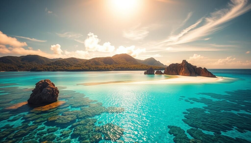 A stunning tropical bay with crystal-clear turquoise waters lapping against a crescent-shaped white sand beach, framed by lush green hills in the background. Vibrant coral reefs teeming with diverse marine life visible just below the surface, inviting snorkelers to explore the vibrant underwater world. Warm, golden sunlight filters through wispy clouds, casting a soft, dreamy glow over the serene scene. Dramatic rock formations jut out from the water's edge, adding depth and visual interest to the composition. The overall atmosphere is one of tranquility, beauty, and the pure, unspoiled wonder of nature. A stunning tropical bay with crystal-clear turquoise waters lapping against a crescent-shaped white sand beach, framed by lush green hills in the background. Vibrant coral reefs teeming with diverse marine life visible just below the surface, inviting snorkelers to explore the vibrant underwater world. Warm, golden sunlight filters through wispy clouds, casting a soft, dreamy glow over the serene scene. Dramatic rock formations jut out from the water's edge, adding depth and visual interest to the composition. The overall atmosphere is one of tranquility, beauty, and the pure, unspoiled wonder of nature.