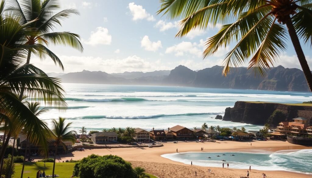A sun-drenched North Shore beach, with rolling waves and surfers carving through the swell. In the foreground, lush palm trees sway gently, framing the iconic silhouettes of legendary surf spots like Waimea Bay and Pipeline. The middle ground features a bustling seaside town, Haleiwa, with its charming wooden buildings and laid-back island vibe. In the distance, dramatic volcanic cliffs rise up, their sharp contours softened by the warm, golden light of a late afternoon. Beachgoers lounge on the sand, some admiring the majestic sea turtles gliding effortlessly through the crystal-clear waters. A timeless, quintessential Hawaiian scene, capturing the essence of the North Shore's natural beauty and surf culture. A sun-drenched North Shore beach, with rolling waves and surfers carving through the swell. In the foreground, lush palm trees sway gently, framing the iconic silhouettes of legendary surf spots like Waimea Bay and Pipeline. The middle ground features a bustling seaside town, Haleiwa, with its charming wooden buildings and laid-back island vibe. In the distance, dramatic volcanic cliffs rise up, their sharp contours softened by the warm, golden light of a late afternoon. Beachgoers lounge on the sand, some admiring the majestic sea turtles gliding effortlessly through the crystal-clear waters. A timeless, quintessential Hawaiian scene, capturing the essence of the North Shore's natural beauty and surf culture.