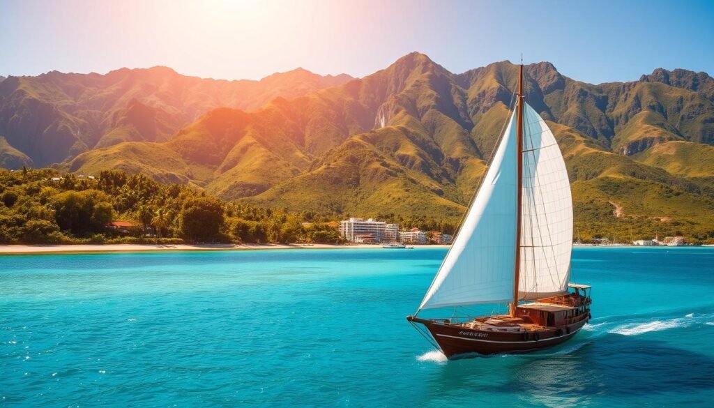 A sun-drenched coastline with crystal-clear turquoise waters laps against a shore framed by verdant rolling hills. In the foreground, a traditional wooden boat with billowing white sails glides peacefully across the calm sea. The mid-ground features a picturesque fishing village, its colorful buildings nestled amongst lush tropical foliage. In the background, majestic mountains rise up, their slopes cloaked in a tapestry of verdant greens. The scene is bathed in warm, golden sunlight, creating a serene and inviting atmosphere that captures the beauty and tranquility of Labuan Bajo during the ideal time to visit. A sun-drenched coastline with crystal-clear turquoise waters laps against a shore framed by verdant rolling hills. In the foreground, a traditional wooden boat with billowing white sails glides peacefully across the calm sea. The mid-ground features a picturesque fishing village, its colorful buildings nestled amongst lush tropical foliage. In the background, majestic mountains rise up, their slopes cloaked in a tapestry of verdant greens. The scene is bathed in warm, golden sunlight, creating a serene and inviting atmosphere that captures the beauty and tranquility of Labuan Bajo during the ideal time to visit.