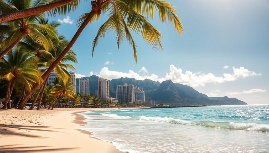 A sun-drenched vista of Waikiki Beach, Oahu's iconic and pristine shoreline. In the foreground, gently lapping waves caress the soft, golden sand, while palm trees sway overhead, casting dappled shadows. In the middle ground, a row of luxurious beachfront resorts stand tall, their elegant architecture blending seamlessly with the natural landscape. Further out, the shimmering blue waters of the Pacific Ocean stretch to the horizon, framed by the lush, verdant hills of the Koolau mountain range. The scene is bathed in a warm, golden light, creating a serene and inviting atmosphere, perfect for a luxurious island getaway. A sun-drenched vista of Waikiki Beach, Oahu's iconic and pristine shoreline. In the foreground, gently lapping waves caress the soft, golden sand, while palm trees sway overhead, casting dappled shadows. In the middle ground, a row of luxurious beachfront resorts stand tall, their elegant architecture blending seamlessly with the natural landscape. Further out, the shimmering blue waters of the Pacific Ocean stretch to the horizon, framed by the lush, verdant hills of the Koolau mountain range. The scene is bathed in a warm, golden light, creating a serene and inviting atmosphere, perfect for a luxurious island getaway.