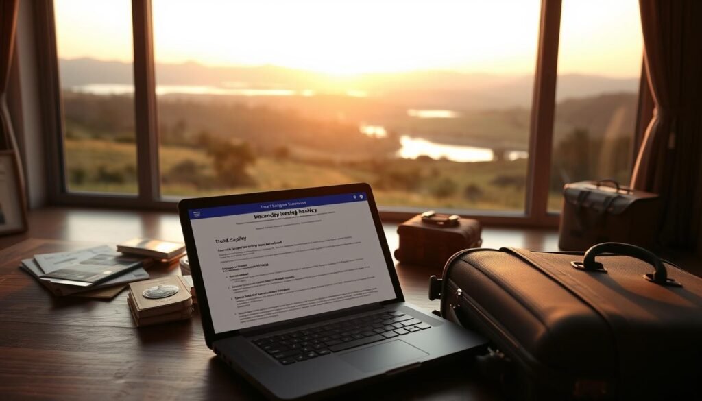 A tranquil travel scene showcasing the essential coverage of a solo traveler's policy. In the foreground, a suitcase and travel documents rest on a wooden table, surrounded by a cozy, minimalist workspace. The middle ground features a laptop displaying an insurance policy, its details and fine print visible. In the background, an expansive window frames a serene landscape of rolling hills, a peaceful lake, and a warm, golden sunset. Soft, natural lighting illuminates the scene, creating a calming, contemplative atmosphere. The composition emphasizes the importance of thorough policy review and preparation before embarking on a solo journey. A tranquil travel scene showcasing the essential coverage of a solo traveler's policy. In the foreground, a suitcase and travel documents rest on a wooden table, surrounded by a cozy, minimalist workspace. The middle ground features a laptop displaying an insurance policy, its details and fine print visible. In the background, an expansive window frames a serene landscape of rolling hills, a peaceful lake, and a warm, golden sunset. Soft, natural lighting illuminates the scene, creating a calming, contemplative atmosphere. The composition emphasizes the importance of thorough policy review and preparation before embarking on a solo journey.