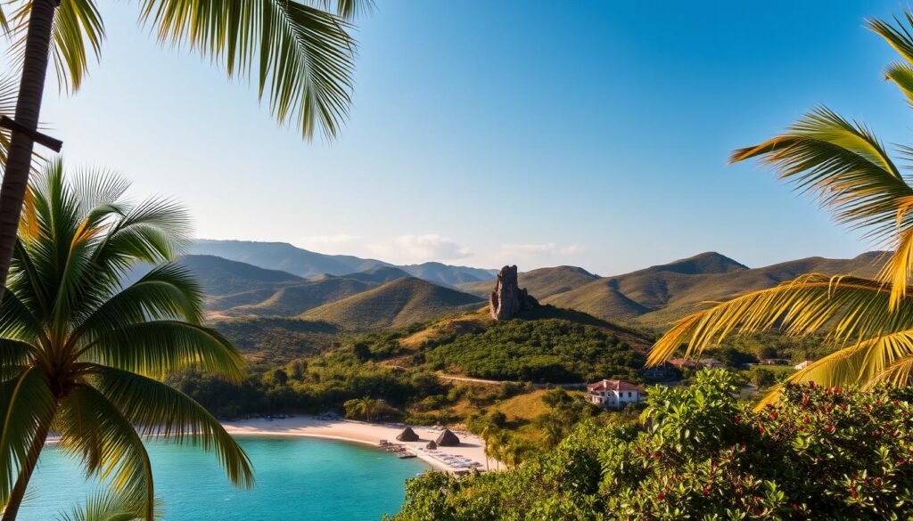 A tranquil tropical paradise nestled in the lush hills of East Nusa Tenggara, Nuca Molas enchants with its pristine beaches, turquoise waters, and verdant landscapes. In the foreground, swaying palm trees frame the picturesque shoreline, inviting visitors to bask in the warm sunshine. The middle ground reveals the undulating terrain, dotted with vibrant flora and jagged rock formations that lend an air of mystery. In the distance, rolling hills rise up, cloaked in a tapestry of verdant greens, hinting at the hidden gems that await beyond. Soft, diffused lighting creates a serene, almost dreamlike ambiance, capturing the essence of this secluded haven. Photographed with a wide-angle lens to accentuate the sweeping vistas, this scene encapsulates the allure and tranquility of Nuca Molas, a true gem of East Nusa Tenggara. A tranquil tropical paradise nestled in the lush hills of East Nusa Tenggara, Nuca Molas enchants with its pristine beaches, turquoise waters, and verdant landscapes. In the foreground, swaying palm trees frame the picturesque shoreline, inviting visitors to bask in the warm sunshine. The middle ground reveals the undulating terrain, dotted with vibrant flora and jagged rock formations that lend an air of mystery. In the distance, rolling hills rise up, cloaked in a tapestry of verdant greens, hinting at the hidden gems that await beyond. Soft, diffused lighting creates a serene, almost dreamlike ambiance, capturing the essence of this secluded haven. Photographed with a wide-angle lens to accentuate the sweeping vistas, this scene encapsulates the allure and tranquility of Nuca Molas, a true gem of East Nusa Tenggara.