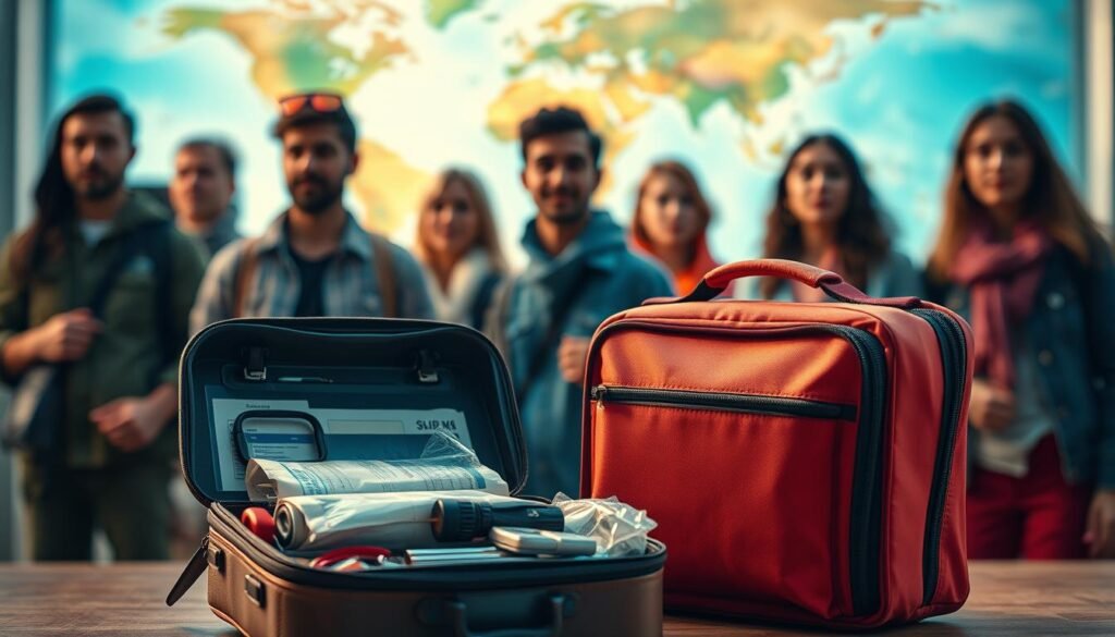 A vibrant, cinematic image of emergency medical coverage for solo travelers, with a focus on the essential elements. In the foreground, a close-up of a sturdy, high-quality medical kit, its contents neatly organized and easily accessible. Behind it, a blurred background depicting a diverse group of solo travelers, each with a contemplative expression, underscoring the importance of being prepared for unexpected medical emergencies while exploring the world independently. The lighting is soft and warm, creating an atmosphere of reassurance and security, while the composition and angles convey a sense of professionalism and attention to detail. The overall scene evokes a feeling of confidence and peace of mind, essential for the solo traveler navigating the unpredictable nature of global adventures. A vibrant, cinematic image of emergency medical coverage for solo travelers, with a focus on the essential elements. In the foreground, a close-up of a sturdy, high-quality medical kit, its contents neatly organized and easily accessible. Behind it, a blurred background depicting a diverse group of solo travelers, each with a contemplative expression, underscoring the importance of being prepared for unexpected medical emergencies while exploring the world independently. The lighting is soft and warm, creating an atmosphere of reassurance and security, while the composition and angles convey a sense of professionalism and attention to detail. The overall scene evokes a feeling of confidence and peace of mind, essential for the solo traveler navigating the unpredictable nature of global adventures.