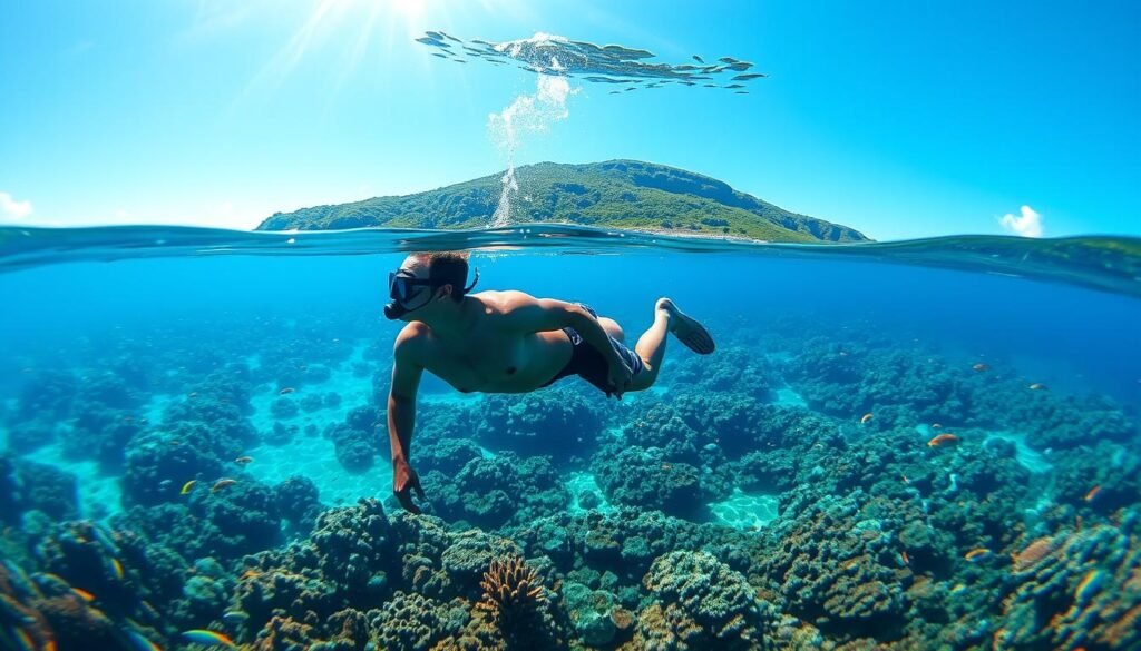 A vibrant seascape captures a snorkeler immersed in the azure waters of Nuca Molas. In the foreground, the figure glides effortlessly, their body streamlined as they navigate the coral-adorned underwater realm. Sunlight dances across the surface, casting a warm glow and creating a sense of tranquility. The middle ground reveals a kaleidoscope of marine life, from schools of tropical fish to the occasional sea turtle. In the background, the lush, verdant shoreline of Nuca Molas rises, framing the scene with a picturesque landscape. The image conveys the allure of this hidden paradise, inviting the viewer to experience the wonder of snorkeling in the pristine waters of East Nusa Tenggara. A vibrant seascape captures a snorkeler immersed in the azure waters of Nuca Molas. In the foreground, the figure glides effortlessly, their body streamlined as they navigate the coral-adorned underwater realm. Sunlight dances across the surface, casting a warm glow and creating a sense of tranquility. The middle ground reveals a kaleidoscope of marine life, from schools of tropical fish to the occasional sea turtle. In the background, the lush, verdant shoreline of Nuca Molas rises, framing the scene with a picturesque landscape. The image conveys the allure of this hidden paradise, inviting the viewer to experience the wonder of snorkeling in the pristine waters of East Nusa Tenggara.