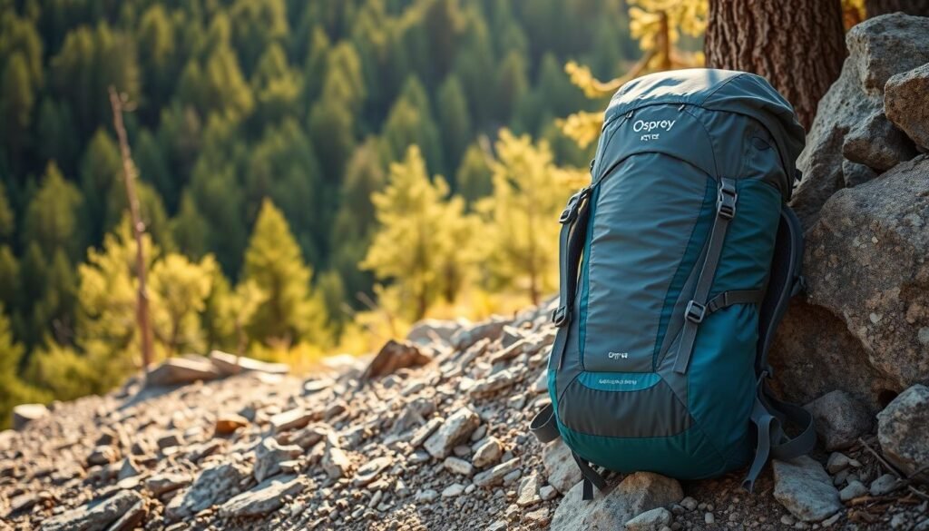 A well-designed Osprey Kyte 48 pack rests on a rugged, rocky trail, its sleek grey and teal exterior complementing the natural surroundings. The pack's padded shoulder straps and hip belt are visible, suggesting its comfort and support for the wearer. Sunlight filters through the trees, casting a warm glow on the pack's contoured silhouette. In the background, a lush, verdant forest stretches out, hinting at the adventurous journey the pack is ready to embark upon. The composition emphasizes the Kyte 48's robust construction and versatility, making it an ideal choice for the active woman exploring the great outdoors. A well-designed Osprey Kyte 48 pack rests on a rugged, rocky trail, its sleek grey and teal exterior complementing the natural surroundings. The pack's padded shoulder straps and hip belt are visible, suggesting its comfort and support for the wearer. Sunlight filters through the trees, casting a warm glow on the pack's contoured silhouette. In the background, a lush, verdant forest stretches out, hinting at the adventurous journey the pack is ready to embark upon. The composition emphasizes the Kyte 48's robust construction and versatility, making it an ideal choice for the active woman exploring the great outdoors.