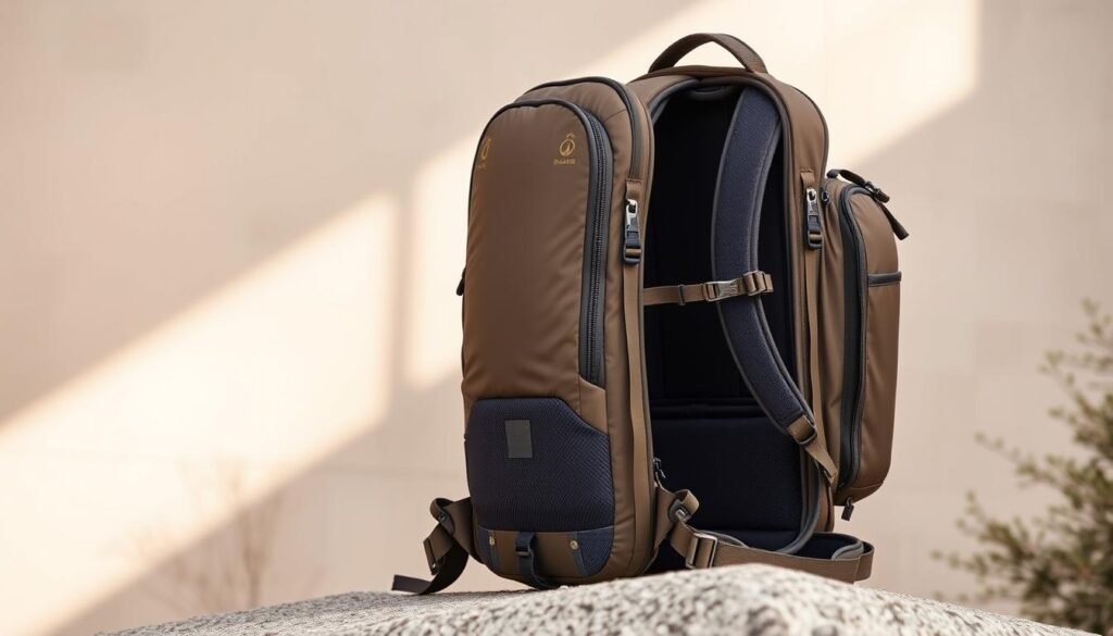 A well-designed, anti-theft Pacsafe Venturesafe Travel Pack 45L in a muted, earthy color palette, shot against a minimalist, natural backdrop with soft, directional lighting. The pack features a sleek, streamlined silhouette with visible zippers, buckles, and reinforced panels for enhanced security. The frame is visible, showcasing its sturdy, durable construction. The interior is spacious with multiple compartments, ideal for organized packing. The overall mood is one of functionality, adventure, and a sense of effortless style. A well-designed, anti-theft Pacsafe Venturesafe Travel Pack 45L in a muted, earthy color palette, shot against a minimalist, natural backdrop with soft, directional lighting. The pack features a sleek, streamlined silhouette with visible zippers, buckles, and reinforced panels for enhanced security. The frame is visible, showcasing its sturdy, durable construction. The interior is spacious with multiple compartments, ideal for organized packing. The overall mood is one of functionality, adventure, and a sense of effortless style.