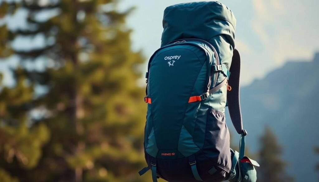 A well-lit, detailed image of the Osprey Fairview 40 carry-on backpack, shot from a slightly elevated angle to showcase its sleek, ergonomic design. The pack is centered in the frame, with a focus on its durable, lightweight nylon exterior, adjustable shoulder straps, and spacious main compartment. The background is a softly blurred natural setting, perhaps a serene forest or mountain landscape, to evoke the pack's versatility for both travel and outdoor adventures. The lighting is natural and diffused, highlighting the textural details and vibrant color accents of the pack. The overall mood is one of practicality, durability, and adventure-readiness. A well-lit, detailed image of the Osprey Fairview 40 carry-on backpack, shot from a slightly elevated angle to showcase its sleek, ergonomic design. The pack is centered in the frame, with a focus on its durable, lightweight nylon exterior, adjustable shoulder straps, and spacious main compartment. The background is a softly blurred natural setting, perhaps a serene forest or mountain landscape, to evoke the pack's versatility for both travel and outdoor adventures. The lighting is natural and diffused, highlighting the textural details and vibrant color accents of the pack. The overall mood is one of practicality, durability, and adventure-readiness.