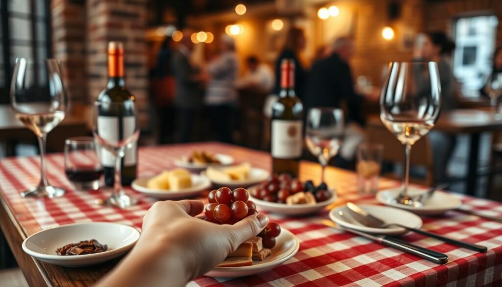 A wooden table with a red and white checkered tablecloth, set with a variety of small plates, wine glasses, and a bottle of wine. In the foreground, a hand reaches out, selecting a small plate of artisanal cheese and grapes. The lighting is soft and warm, creating a cozy, intimate atmosphere. The background is blurred, with hints of exposed brick walls and ambient cafe chatter. The overall scene conveys a sense of discerning curation, effortless style, and the pleasure of a curated "girl dinner" experience. A wooden table with a red and white checkered tablecloth, set with a variety of small plates, wine glasses, and a bottle of wine. In the foreground, a hand reaches out, selecting a small plate of artisanal cheese and grapes. The lighting is soft and warm, creating a cozy, intimate atmosphere. The background is blurred, with hints of exposed brick walls and ambient cafe chatter. The overall scene conveys a sense of discerning curation, effortless style, and the pleasure of a curated "girl dinner" experience.