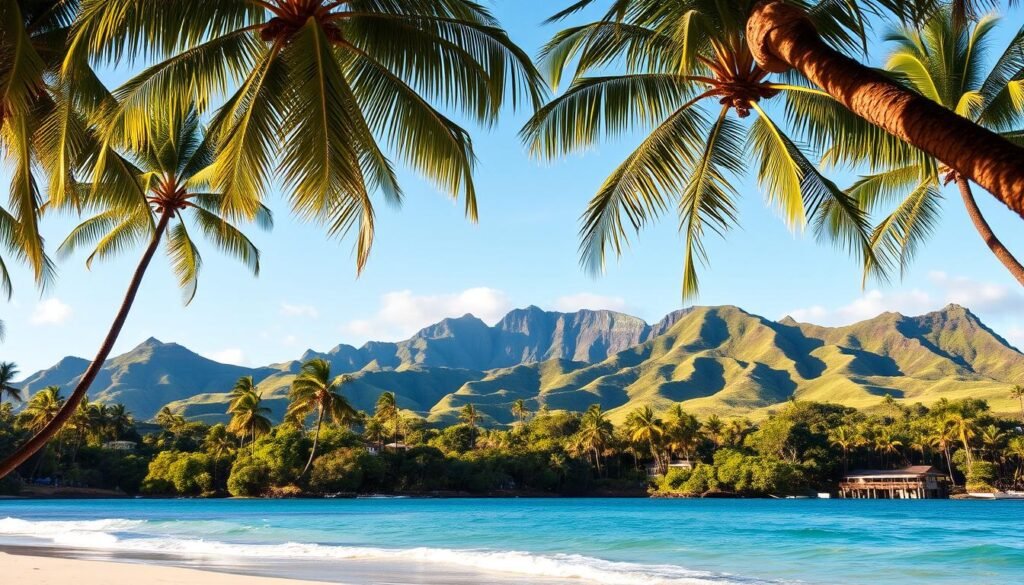 An idyllic tropical island landscape, showcasing the serene beauty of Honolulu, Hawaii. In the foreground, a pristine white sand beach stretches out, with gentle waves lapping at the shore. Palm trees sway gently in the warm, balmy breeze. In the middle ground, lush, verdant hills rise up, their slopes dotted with vibrant Hawaiian flora. In the background, the iconic volcanic peaks of Diamond Head stand majestically, their silhouettes reflected in the crystal-clear azure waters of the Pacific Ocean. The scene is bathed in a warm, golden glow, creating a picturesque and inviting atmosphere, perfect for planning a dreamy island getaway. An idyllic tropical island landscape, showcasing the serene beauty of Honolulu, Hawaii. In the foreground, a pristine white sand beach stretches out, with gentle waves lapping at the shore. Palm trees sway gently in the warm, balmy breeze. In the middle ground, lush, verdant hills rise up, their slopes dotted with vibrant Hawaiian flora. In the background, the iconic volcanic peaks of Diamond Head stand majestically, their silhouettes reflected in the crystal-clear azure waters of the Pacific Ocean. The scene is bathed in a warm, golden glow, creating a picturesque and inviting atmosphere, perfect for planning a dreamy island getaway.