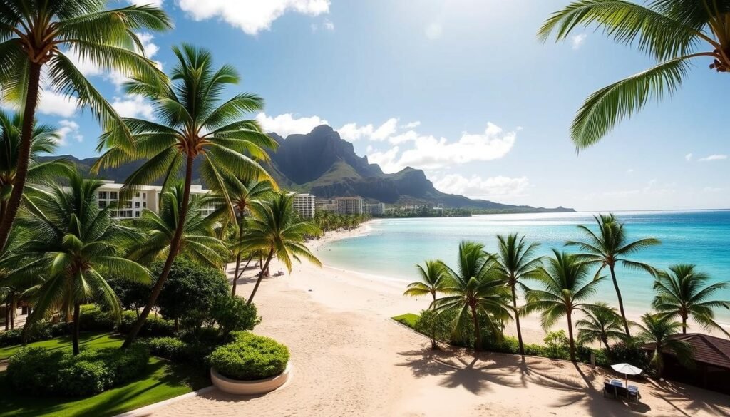 Halekulani resort nestled along the pristine sands of Waikiki Beach, with iconic Diamond Head towering majestically in the background. Lush palm trees sway gently in the tropical breeze, casting soft shadows on the elegant, white-sand beachfront. Sunlight dances across the crystal-clear, turquoise waters, inviting guests to bask in the timeless Hawaiian ambiance. The resort's refined architecture exudes an air of classic sophistication, seamlessly blending with the natural beauty of the surroundings. A tranquil oasis where modern luxury meets timeless elegance, Halekulani offers a truly exceptional Waikiki experience. Halekulani resort nestled along the pristine sands of Waikiki Beach, with iconic Diamond Head towering majestically in the background. Lush palm trees sway gently in the tropical breeze, casting soft shadows on the elegant, white-sand beachfront. Sunlight dances across the crystal-clear, turquoise waters, inviting guests to bask in the timeless Hawaiian ambiance. The resort's refined architecture exudes an air of classic sophistication, seamlessly blending with the natural beauty of the surroundings. A tranquil oasis where modern luxury meets timeless elegance, Halekulani offers a truly exceptional Waikiki experience.