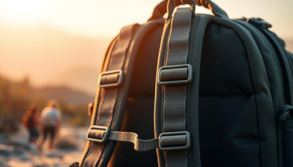 a high-resolution, detailed photograph of a duffel backpack with multiple adjustable and padded straps, captured in a natural outdoor setting with soft, warm lighting. The backpack's straps are shown in the foreground, showcasing their construction, materials, and adjustability features. The middle ground depicts the overall shape and silhouette of the backpack, while the background features a blurred natural landscape, conveying a sense of adventure and travel. The image should highlight the versatility and durability of the backpack's strap system, making it suitable for a wide range of activities and journeys. a high-resolution, detailed photograph of a duffel backpack with multiple adjustable and padded straps, captured in a natural outdoor setting with soft, warm lighting. The backpack's straps are shown in the foreground, showcasing their construction, materials, and adjustability features. The middle ground depicts the overall shape and silhouette of the backpack, while the background features a blurred natural landscape, conveying a sense of adventure and travel. The image should highlight the versatility and durability of the backpack's strap system, making it suitable for a wide range of activities and journeys.