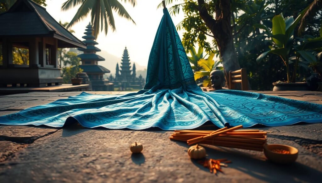 A beautifully arranged composition showcasing a vibrant sarong spread out on a stone surface, featuring intricate Balinese patterns in rich colors like blues and greens. In the foreground, include delicate offerings or incense sticks to enhance the culturally rich atmosphere. In the middle, an elegantly draped sarong hangs from a wooden peg, suggesting how it is worn for temple visits. Soft, warm sunlight filters through the scene, creating gentle shadows and highlighting the textures of the fabric. In the background, faint silhouettes of a traditional Balinese temple can be seen, surrounded by lush tropical greenery. The overall mood conveys serenity, respect, and connection to Balinese spirituality, ideal for a peaceful temple day. A beautifully arranged composition showcasing a vibrant sarong spread out on a stone surface, featuring intricate Balinese patterns in rich colors like blues and greens. In the foreground, include delicate offerings or incense sticks to enhance the culturally rich atmosphere. In the middle, an elegantly draped sarong hangs from a wooden peg, suggesting how it is worn for temple visits. Soft, warm sunlight filters through the scene, creating gentle shadows and highlighting the textures of the fabric. In the background, faint silhouettes of a traditional Balinese temple can be seen, surrounded by lush tropical greenery. The overall mood conveys serenity, respect, and connection to Balinese spirituality, ideal for a peaceful temple day.