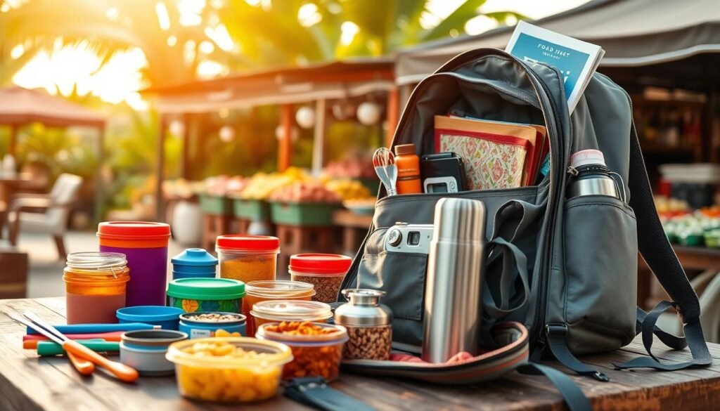 A beautifully arranged travel scene showcasing a colorful array of food adventure packing essentials. In the foreground, a wooden table is filled with vibrant food containers, utensils, portable spice kits, and a sturdy stainless steel thermos. A well-organized backpack lies open, revealing a food journal, a compact camera, and travel-sized kitchen gadgets, all reflecting a rich, culinary exploration theme. In the middle ground, delicate Bali-inspired textiles and a guidebook peek out from the backpack, adding a touch of local culture. The background features lush tropical foliage and hints of a bustling Balinese food market, bathed in warm, golden sunlight. The overall mood is adventurous and inviting, encouraging exploration of Bali's culinary delights. A beautifully arranged travel scene showcasing a colorful array of food adventure packing essentials. In the foreground, a wooden table is filled with vibrant food containers, utensils, portable spice kits, and a sturdy stainless steel thermos. A well-organized backpack lies open, revealing a food journal, a compact camera, and travel-sized kitchen gadgets, all reflecting a rich, culinary exploration theme. In the middle ground, delicate Bali-inspired textiles and a guidebook peek out from the backpack, adding a touch of local culture. The background features lush tropical foliage and hints of a bustling Balinese food market, bathed in warm, golden sunlight. The overall mood is adventurous and inviting, encouraging exploration of Bali's culinary delights.