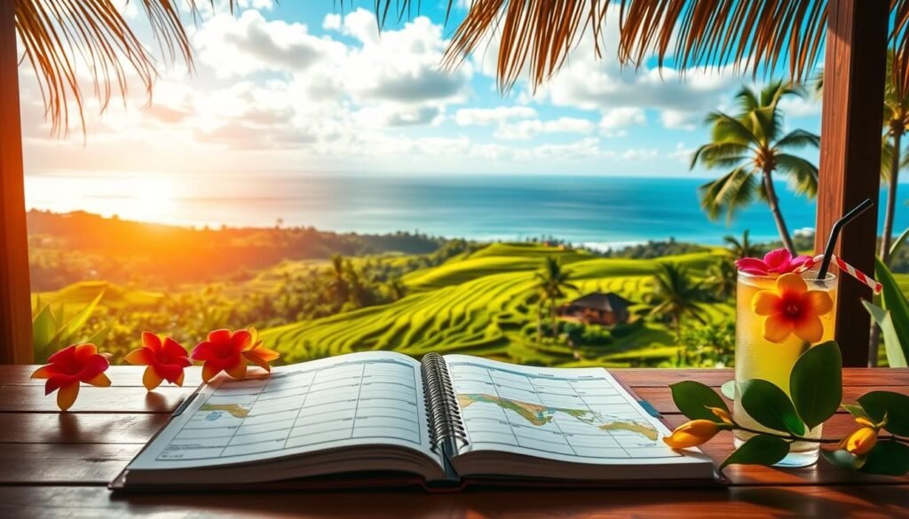 A beautifully composed scene showcasing the seasonal planning for a trip to Bali in 2025. In the foreground, a well-organized travel planner open on a wooden table, adorned with tropical flowers and a refreshing drink. In the middle ground, a scenic view of a lush rice terrace with vibrant green fields, distant hills, and traditional Balinese architecture, illustrating the island's natural beauty. In the background, the serene ocean horizon under a bright blue sky with scattered clouds, reflecting Bali’s different seasons. Warm, natural lighting to evoke a tranquil and inviting atmosphere. The lens captures the essence of a perfect vacation in Bali, creating a sense of wanderlust and anticipation. A beautifully composed scene showcasing the seasonal planning for a trip to Bali in 2025. In the foreground, a well-organized travel planner open on a wooden table, adorned with tropical flowers and a refreshing drink. In the middle ground, a scenic view of a lush rice terrace with vibrant green fields, distant hills, and traditional Balinese architecture, illustrating the island's natural beauty. In the background, the serene ocean horizon under a bright blue sky with scattered clouds, reflecting Bali’s different seasons. Warm, natural lighting to evoke a tranquil and inviting atmosphere. The lens captures the essence of a perfect vacation in Bali, creating a sense of wanderlust and anticipation.