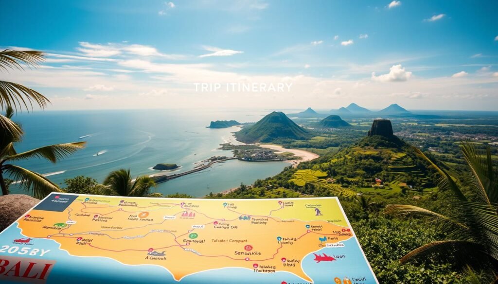 A beautifully composed trip itinerary map of Bali for 2025, showcasing key locations like Ubud's rice terraces, the beaches of Seminyak, and the cultural sites of Tanah Lot. Foreground features a vibrant layout of the itinerary with colorful icons representing activities like surfing, temple visits, and nature hikes. The middle ground presents a scenic view of lush green landscapes and coastline under bright blue skies. In the background, depict Bali's iconic volcanoes and palm-fringed beaches. Soft, warm lighting creates an inviting atmosphere, while a wide-angle lens captures the essence of adventure. The overall mood is energizing and inspiring, perfect for travelers planning their Bali vacation. A beautifully composed trip itinerary map of Bali for 2025, showcasing key locations like Ubud's rice terraces, the beaches of Seminyak, and the cultural sites of Tanah Lot. Foreground features a vibrant layout of the itinerary with colorful icons representing activities like surfing, temple visits, and nature hikes. The middle ground presents a scenic view of lush green landscapes and coastline under bright blue skies. In the background, depict Bali's iconic volcanoes and palm-fringed beaches. Soft, warm lighting creates an inviting atmosphere, while a wide-angle lens captures the essence of adventure. The overall mood is energizing and inspiring, perfect for travelers planning their Bali vacation.