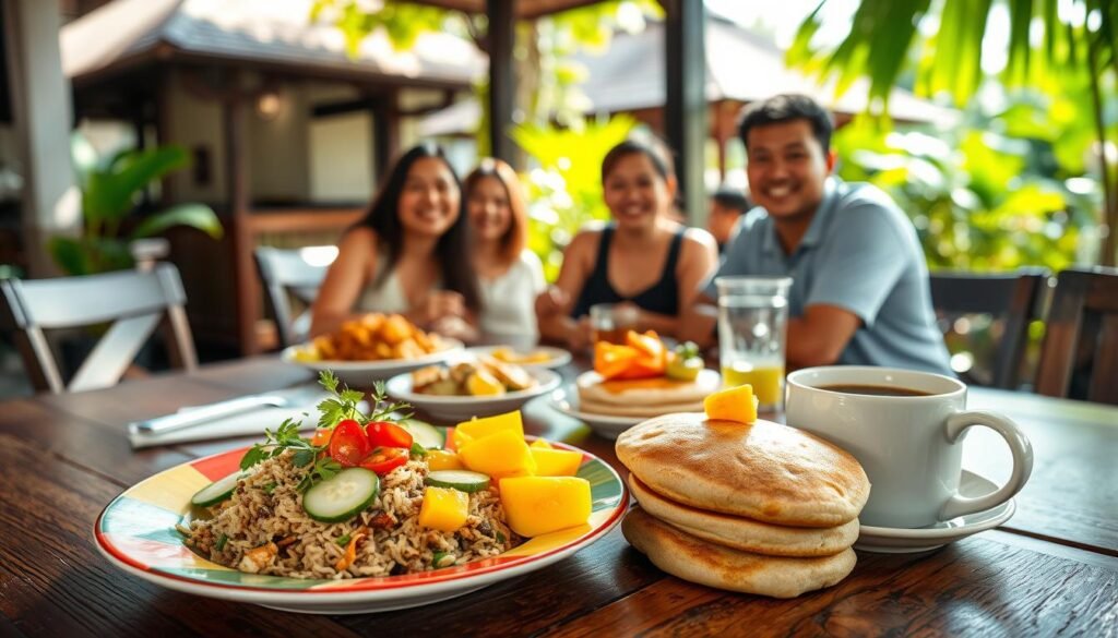 A beautifully presented breakfast spread on a rustic wooden table in a sunlit outdoor café in Sanur, Bali. In the foreground, a colorful plate featuring traditional Indonesian dishes like Nasi Goreng and Gado-Gado, garnished with fresh herbs and sliced cucumbers. Fluffy pancakes topped with tropical fruits like mango and papaya, alongside a steaming cup of Bali coffee. In the middle of the scene, a family of four enjoying their meal, dressed in casual, modest attire, with smiles on their faces, embodying a warm family-friendly atmosphere. The background features lush greenery and Balinese architecture, softly blurred to create depth. Soft morning light filters through the leaves, casting gentle shadows and creating a serene, inviting mood. A beautifully presented breakfast spread on a rustic wooden table in a sunlit outdoor café in Sanur, Bali. In the foreground, a colorful plate featuring traditional Indonesian dishes like Nasi Goreng and Gado-Gado, garnished with fresh herbs and sliced cucumbers. Fluffy pancakes topped with tropical fruits like mango and papaya, alongside a steaming cup of Bali coffee. In the middle of the scene, a family of four enjoying their meal, dressed in casual, modest attire, with smiles on their faces, embodying a warm family-friendly atmosphere. The background features lush greenery and Balinese architecture, softly blurred to create depth. Soft morning light filters through the leaves, casting gentle shadows and creating a serene, inviting mood.