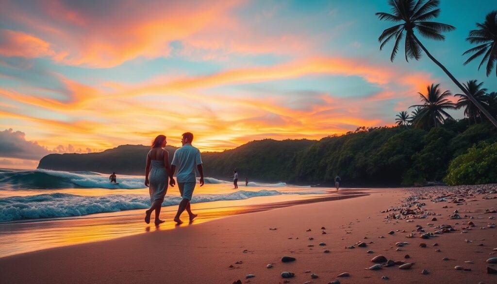 A breathtaking Balinese beach during sunset, showcasing vibrant hues of orange, pink, and purple in the sky, reflecting on gentle waves lapping the shore. In the foreground, a pristine sandy beach dotted with seashells and tropical foliage. A couple in modest casual attire is walking hand-in-hand along the shoreline, their silhouettes contrasting against the colorful sky. In the middle ground, surfers can be seen riding the waves, their boards catching the last light of the day. The background features lush green cliffs and palm trees, framing the serene landscape. The atmosphere is tranquil yet invigorating, evoking a sense of adventure and romance, perfect for a day of sunsets, surfing, and snorkeling in Bali. The image is shot from a low angle to emphasize the foreground and enhance the depth of the scene. A breathtaking Balinese beach during sunset, showcasing vibrant hues of orange, pink, and purple in the sky, reflecting on gentle waves lapping the shore. In the foreground, a pristine sandy beach dotted with seashells and tropical foliage. A couple in modest casual attire is walking hand-in-hand along the shoreline, their silhouettes contrasting against the colorful sky. In the middle ground, surfers can be seen riding the waves, their boards catching the last light of the day. The background features lush green cliffs and palm trees, framing the serene landscape. The atmosphere is tranquil yet invigorating, evoking a sense of adventure and romance, perfect for a day of sunsets, surfing, and snorkeling in Bali. The image is shot from a low angle to emphasize the foreground and enhance the depth of the scene.