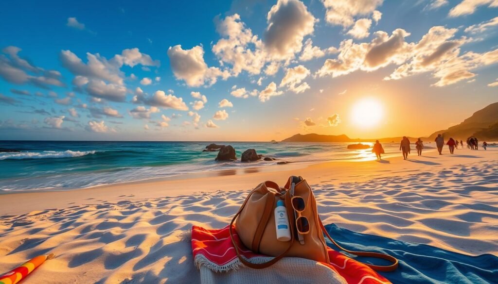 A breathtaking beach scene on Nusa Penida under a warm golden sunset. In the foreground, smooth white sand dotted with colorful beach towels and a stylish beach bag filled with travel gear like sunglasses, sunscreen, and a camera. The middle ground features gentle waves lapping at the shore and a few sturdy rocks, with modestly dressed tourists enjoying the serene environment and taking photos. In the background, the deep blue sea meets a vibrant sky filled with scattered clouds illuminated by the setting sun, casting a warm glow over the scene. The angle captures a slight elevation to encompass the beach landscape, creating a tranquil and inviting atmosphere, perfect for highlighting the natural beauty and adventure of Nusa Penida’s beaches. A breathtaking beach scene on Nusa Penida under a warm golden sunset. In the foreground, smooth white sand dotted with colorful beach towels and a stylish beach bag filled with travel gear like sunglasses, sunscreen, and a camera. The middle ground features gentle waves lapping at the shore and a few sturdy rocks, with modestly dressed tourists enjoying the serene environment and taking photos. In the background, the deep blue sea meets a vibrant sky filled with scattered clouds illuminated by the setting sun, casting a warm glow over the scene. The angle captures a slight elevation to encompass the beach landscape, creating a tranquil and inviting atmosphere, perfect for highlighting the natural beauty and adventure of Nusa Penida’s beaches.
