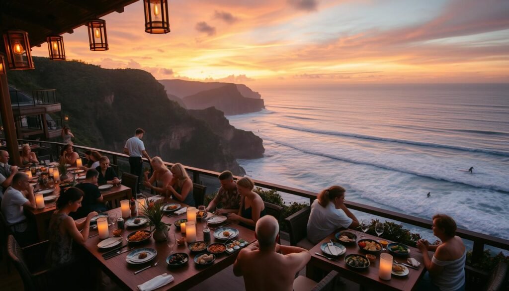 A breathtaking clifftop dining scene in Uluwatu during sunset, showcasing a luxurious outdoor restaurant with elegant wooden tables and atmospheric lanterns. In the foreground, a beautifully arranged table with vibrant dishes typical of Balinese cuisine, surrounded by tasteful decor. The middle ground features a diverse group of guests in modest casual attire enjoying their meals, immersed in the stunning view. The background reveals rugged cliffs cascading into the ocean, with surfers riding the waves as the sun sets, casting vibrant orange and purple hues across the sky. The warm, inviting lighting captures the serene yet lively atmosphere of Bali's dining culture. The angle is slightly elevated to encompass both the elegant setting and the breathtaking landscape. A breathtaking clifftop dining scene in Uluwatu during sunset, showcasing a luxurious outdoor restaurant with elegant wooden tables and atmospheric lanterns. In the foreground, a beautifully arranged table with vibrant dishes typical of Balinese cuisine, surrounded by tasteful decor. The middle ground features a diverse group of guests in modest casual attire enjoying their meals, immersed in the stunning view. The background reveals rugged cliffs cascading into the ocean, with surfers riding the waves as the sun sets, casting vibrant orange and purple hues across the sky. The warm, inviting lighting captures the serene yet lively atmosphere of Bali's dining culture. The angle is slightly elevated to encompass both the elegant setting and the breathtaking landscape.