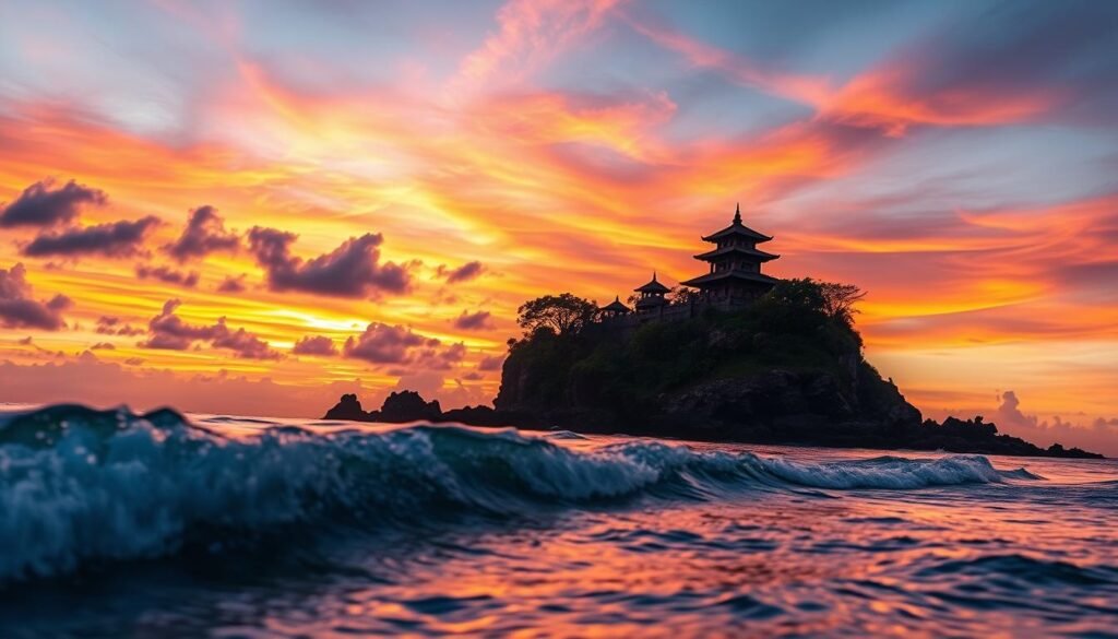 A breathtaking image of Tanah Lot, the iconic Balinese sea temple perched on a rocky outcrop, bathed in the warm hues of a vibrant sunset. In the foreground, gentle waves lap against the shore, slightly illuminated by the fading sun, creating a sense of serenity. The middle ground features the impressive silhouette of Tanah Lot, showcasing its traditional architecture with ornate carvings and a thatched roof, surrounded by lush, verdant greenery. In the background, the sky is a brilliant gradient of orange, pink, and purple, reflecting on the ocean, with scattered clouds adding depth to the scene. The composition is captured from a low angle, emphasizing the temple's grandeur against the dramatic sky, evoking a sense of spiritual awe and tranquility. A breathtaking image of Tanah Lot, the iconic Balinese sea temple perched on a rocky outcrop, bathed in the warm hues of a vibrant sunset. In the foreground, gentle waves lap against the shore, slightly illuminated by the fading sun, creating a sense of serenity. The middle ground features the impressive silhouette of Tanah Lot, showcasing its traditional architecture with ornate carvings and a thatched roof, surrounded by lush, verdant greenery. In the background, the sky is a brilliant gradient of orange, pink, and purple, reflecting on the ocean, with scattered clouds adding depth to the scene. The composition is captured from a low angle, emphasizing the temple's grandeur against the dramatic sky, evoking a sense of spiritual awe and tranquility.