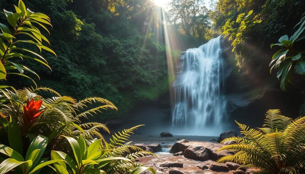 A breathtaking morning scene of a serene waterfall cascading down lush, green cliffs in Bali. In the foreground, vibrant tropical plants and ferns frame the base of the waterfall, their dew-kissed leaves glistening in the soft morning light. In the middle ground, the crystal-clear water tumbles over smooth rocks, creating a mist that catches the sunlight, producing a rainbow effect. The background features a dense jungle canopy, with sunlight filtering through the leaves, casting dappled patterns on the forest floor. The atmosphere is tranquil and inviting, evoking a sense of peace and connection to nature. The image should be captured with a wide-angle lens, emphasizing the grandeur of the waterfall and the surrounding landscape, under soft, warm morning light. A breathtaking morning scene of a serene waterfall cascading down lush, green cliffs in Bali. In the foreground, vibrant tropical plants and ferns frame the base of the waterfall, their dew-kissed leaves glistening in the soft morning light. In the middle ground, the crystal-clear water tumbles over smooth rocks, creating a mist that catches the sunlight, producing a rainbow effect. The background features a dense jungle canopy, with sunlight filtering through the leaves, casting dappled patterns on the forest floor. The atmosphere is tranquil and inviting, evoking a sense of peace and connection to nature. The image should be captured with a wide-angle lens, emphasizing the grandeur of the waterfall and the surrounding landscape, under soft, warm morning light.