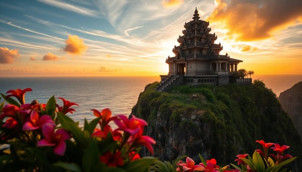 A breathtaking scene of Uluwatu Temple perched dramatically on a high cliff overlooking the Indian Ocean. In the foreground, vibrant tropical flowers and lush greenery frame the ancient stone structure, showcasing intricate carvings and traditional Balinese architecture. The middle ground features the temple's iconic silhouette against a stunning sunset, casting warm golden hues across the sky. Wisps of clouds drift past, creating a serene atmosphere. In the background, the vast ocean glistens with gentle waves, reflecting the vivid colors of the sunset. Capture this scene with soft, diffused lighting to enhance the magical ambiance, shot from a low angle to emphasize the grandeur of the temple and the cliffs. The overall mood is tranquil and enchanting, inviting viewers to experience the beauty of Bali’s cultural heritage. A breathtaking scene of Uluwatu Temple perched dramatically on a high cliff overlooking the Indian Ocean. In the foreground, vibrant tropical flowers and lush greenery frame the ancient stone structure, showcasing intricate carvings and traditional Balinese architecture. The middle ground features the temple's iconic silhouette against a stunning sunset, casting warm golden hues across the sky. Wisps of clouds drift past, creating a serene atmosphere. In the background, the vast ocean glistens with gentle waves, reflecting the vivid colors of the sunset. Capture this scene with soft, diffused lighting to enhance the magical ambiance, shot from a low angle to emphasize the grandeur of the temple and the cliffs. The overall mood is tranquil and enchanting, inviting viewers to experience the beauty of Bali’s cultural heritage.